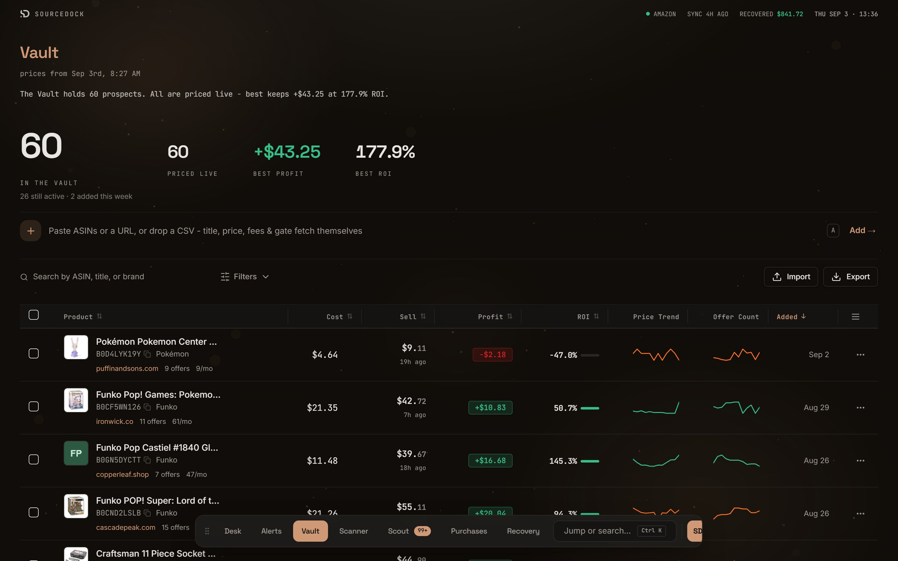 Prospect Vault page with headline figures, add bar, filter bar, and a table of prospects