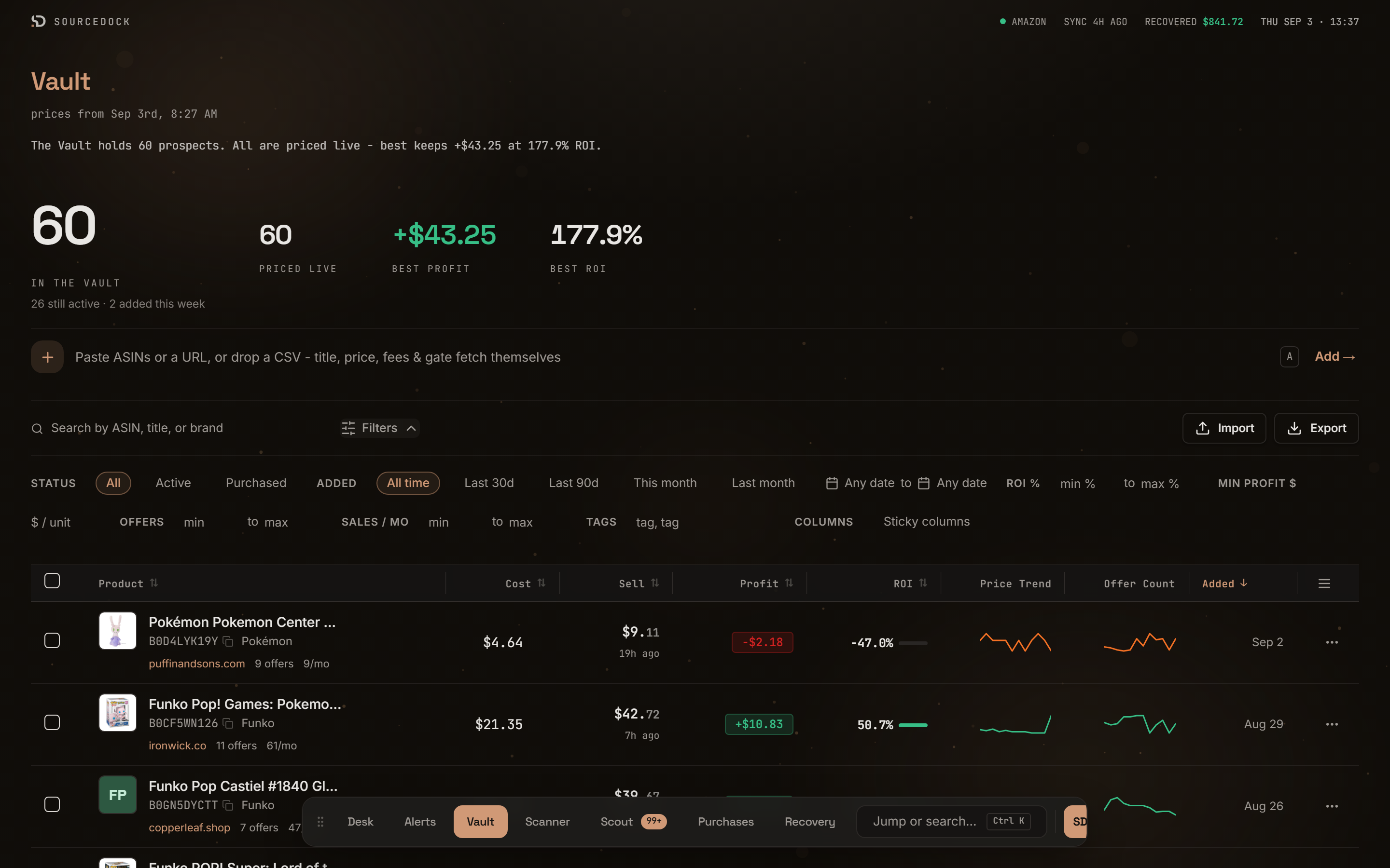Vault filter bar expanded showing Status, Added, ROI %, Min profit $, Offers, Sales / mo, and Tags controls
