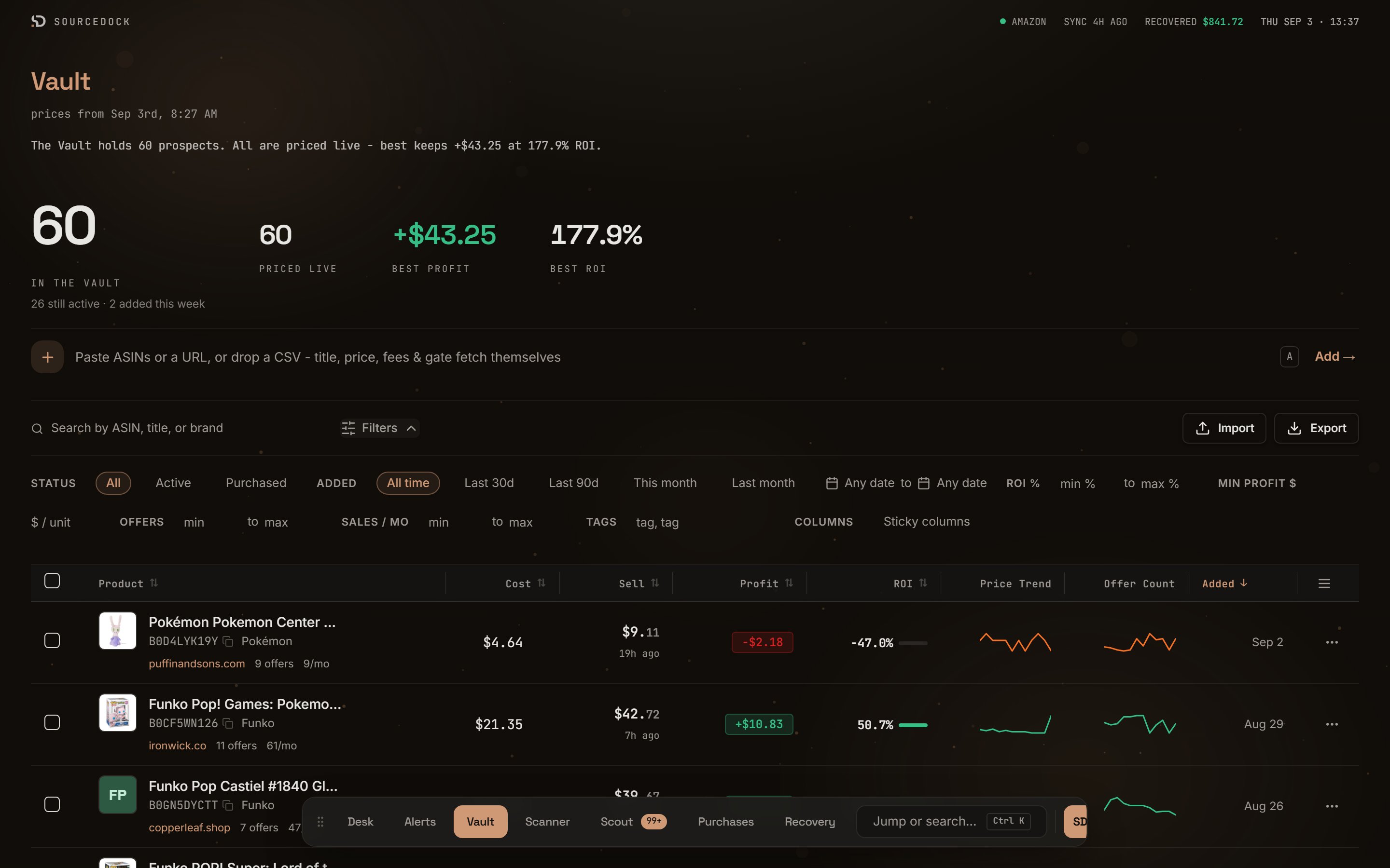 Vault filter bar expanded showing Status, Added, ROI %, Min profit $, Offers, Sales / mo, and Tags controls