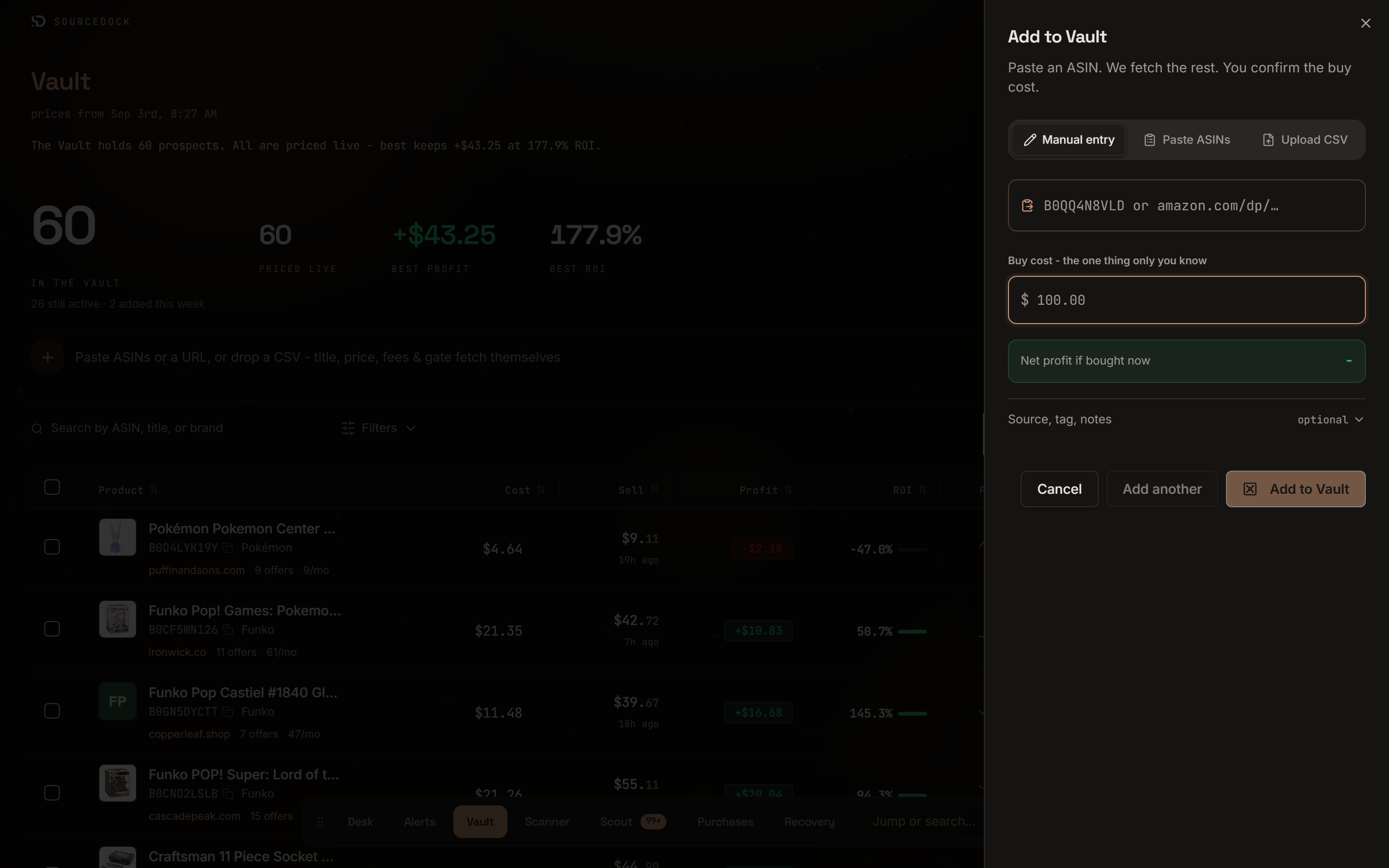 Add to Vault sheet with Manual entry, Paste ASINs, and Upload CSV tabs, an ASIN box, a preview card, and a buy cost box