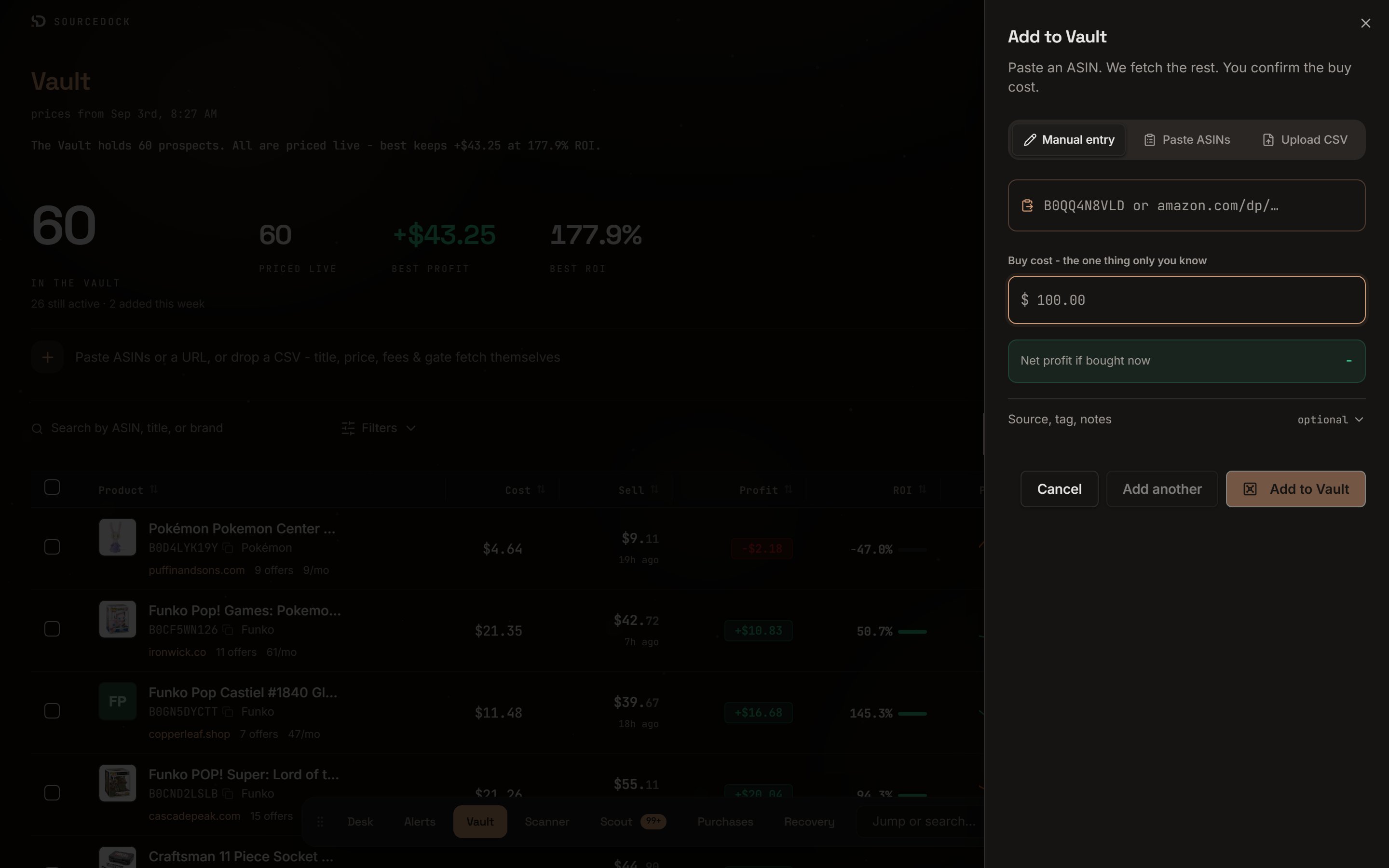 Add to Vault sheet with Manual entry, Paste ASINs, and Upload CSV tabs, an ASIN box, a preview card, and a buy cost box