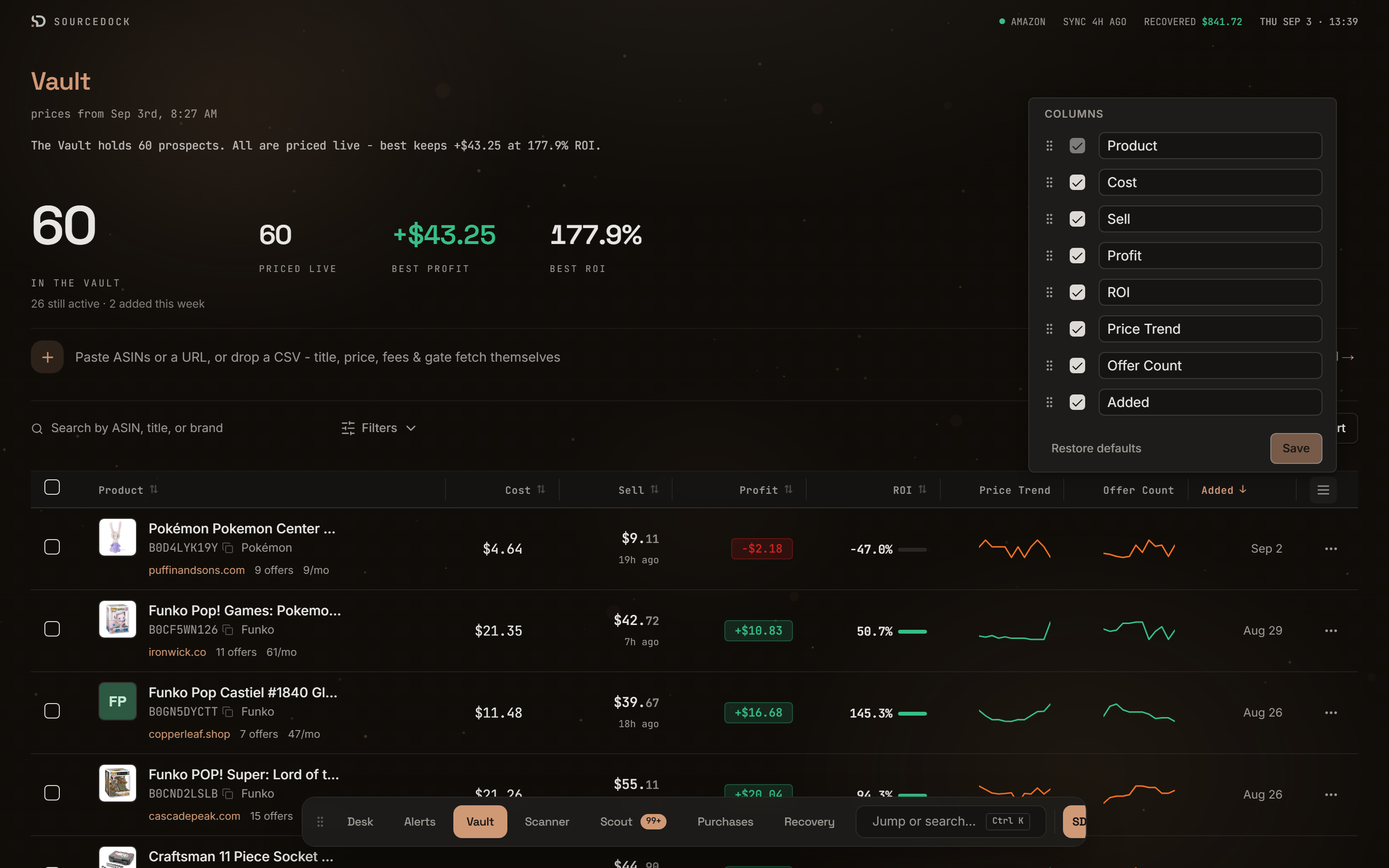 Columns popover with drag handles, show checkboxes, name boxes, Restore defaults, and Save