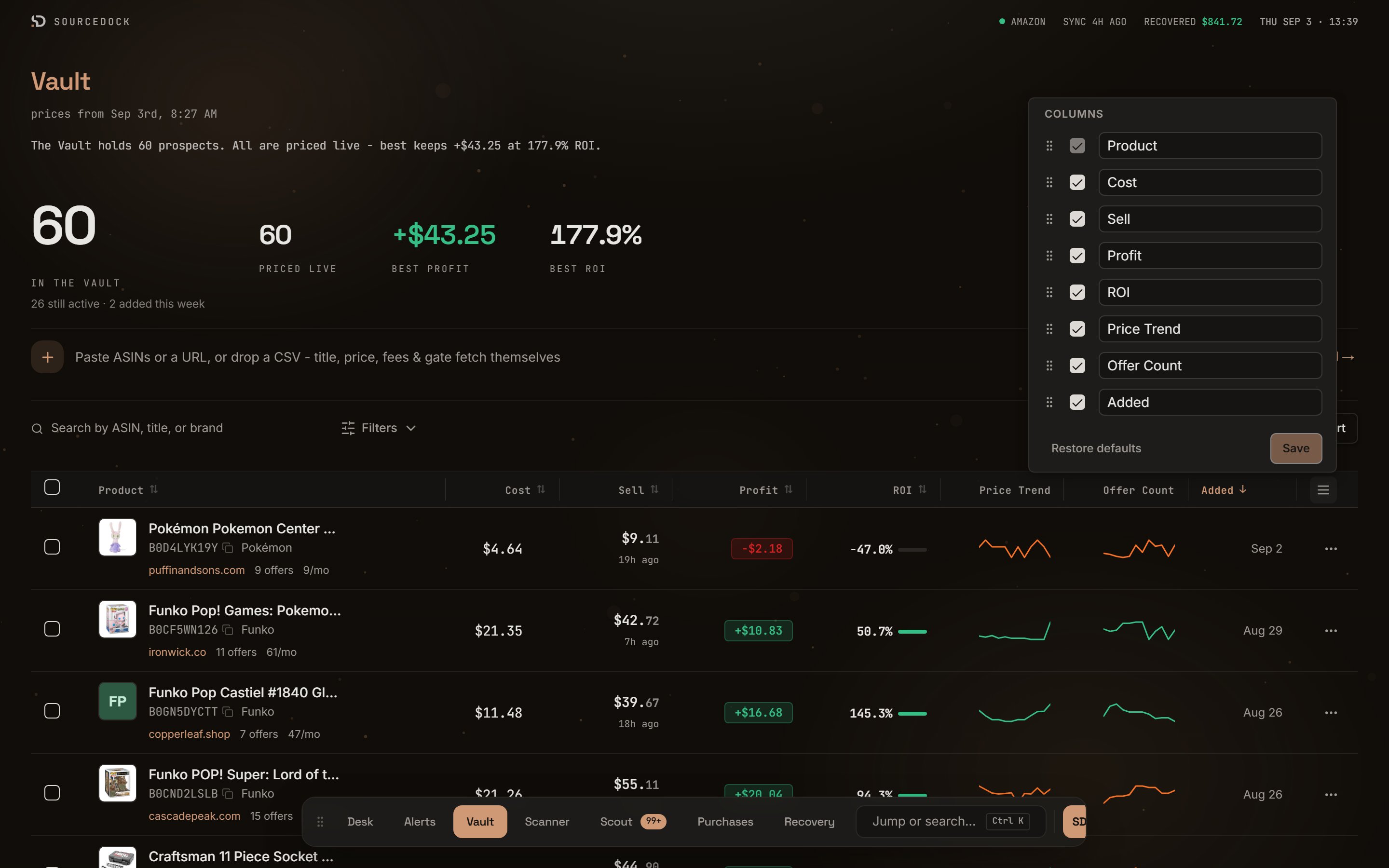 Columns popover with drag handles, show checkboxes, name boxes, Restore defaults, and Save