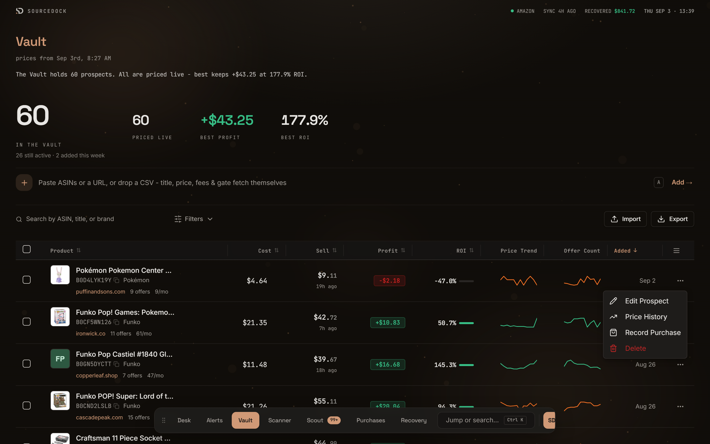 Row actions menu with Edit Prospect, Price History, Record Purchase, and Delete