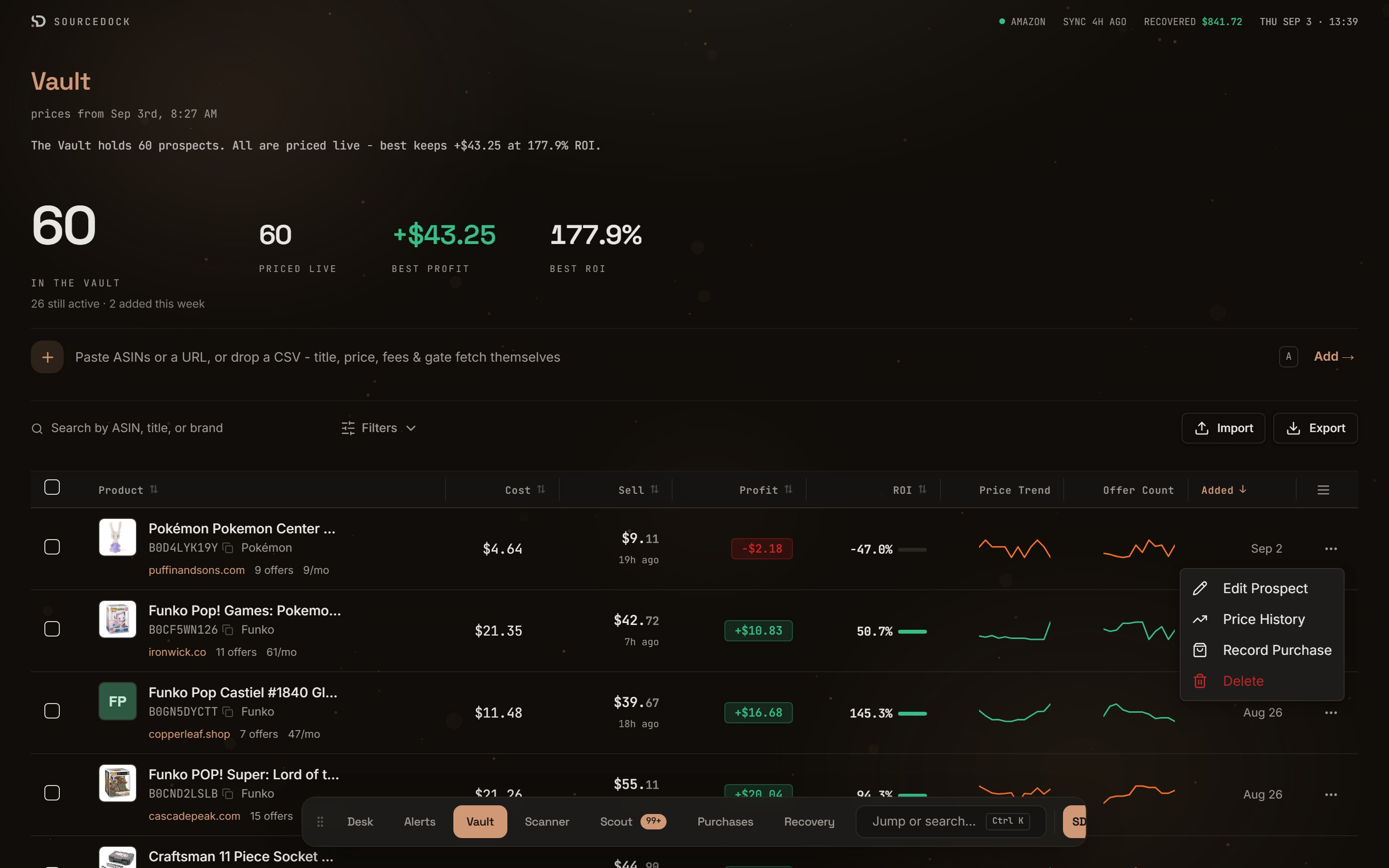 Row actions menu with Edit Prospect, Price History, Record Purchase, and Delete