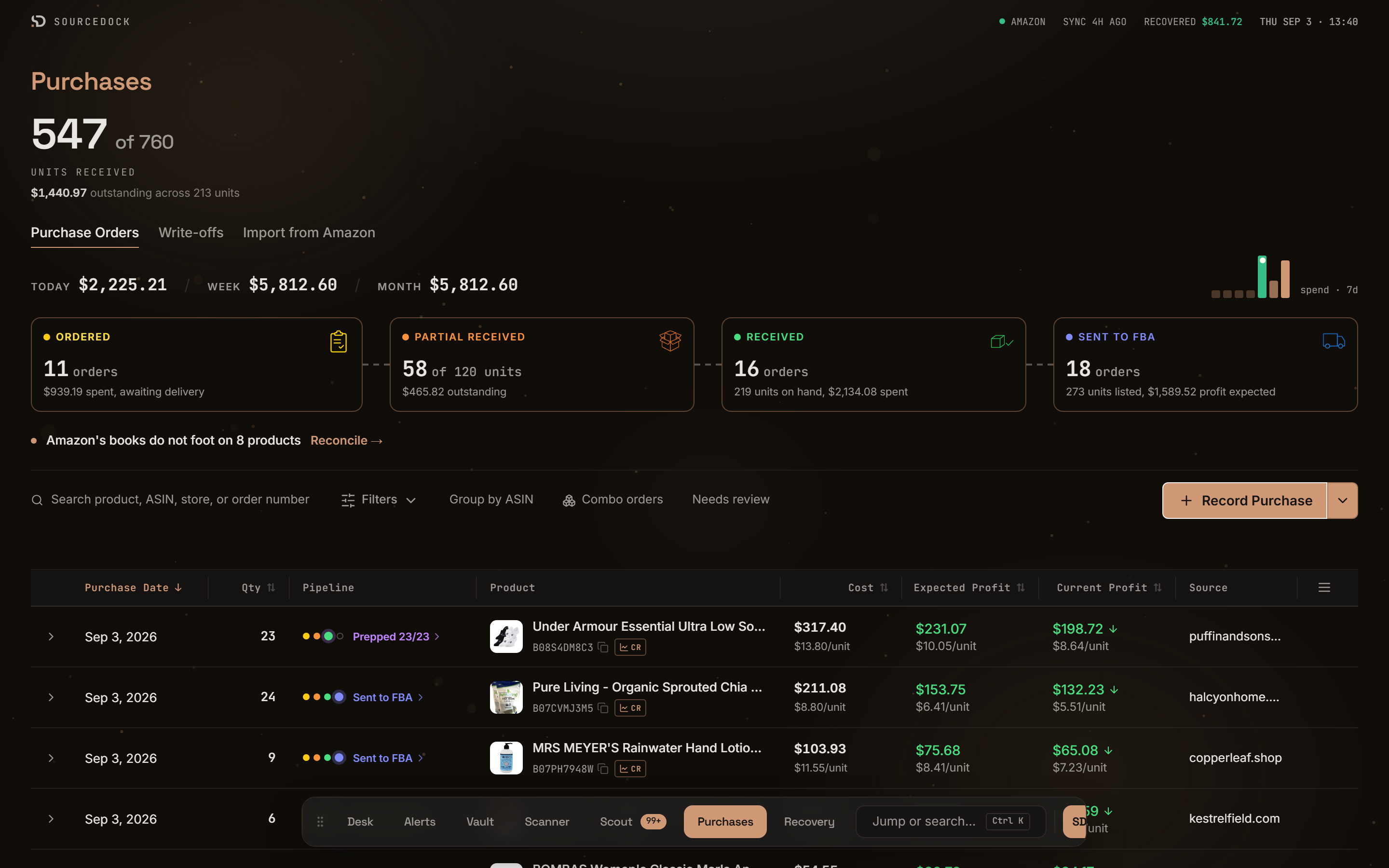 Purchases page with the receipts headline, pipeline tiles, filters, and order table