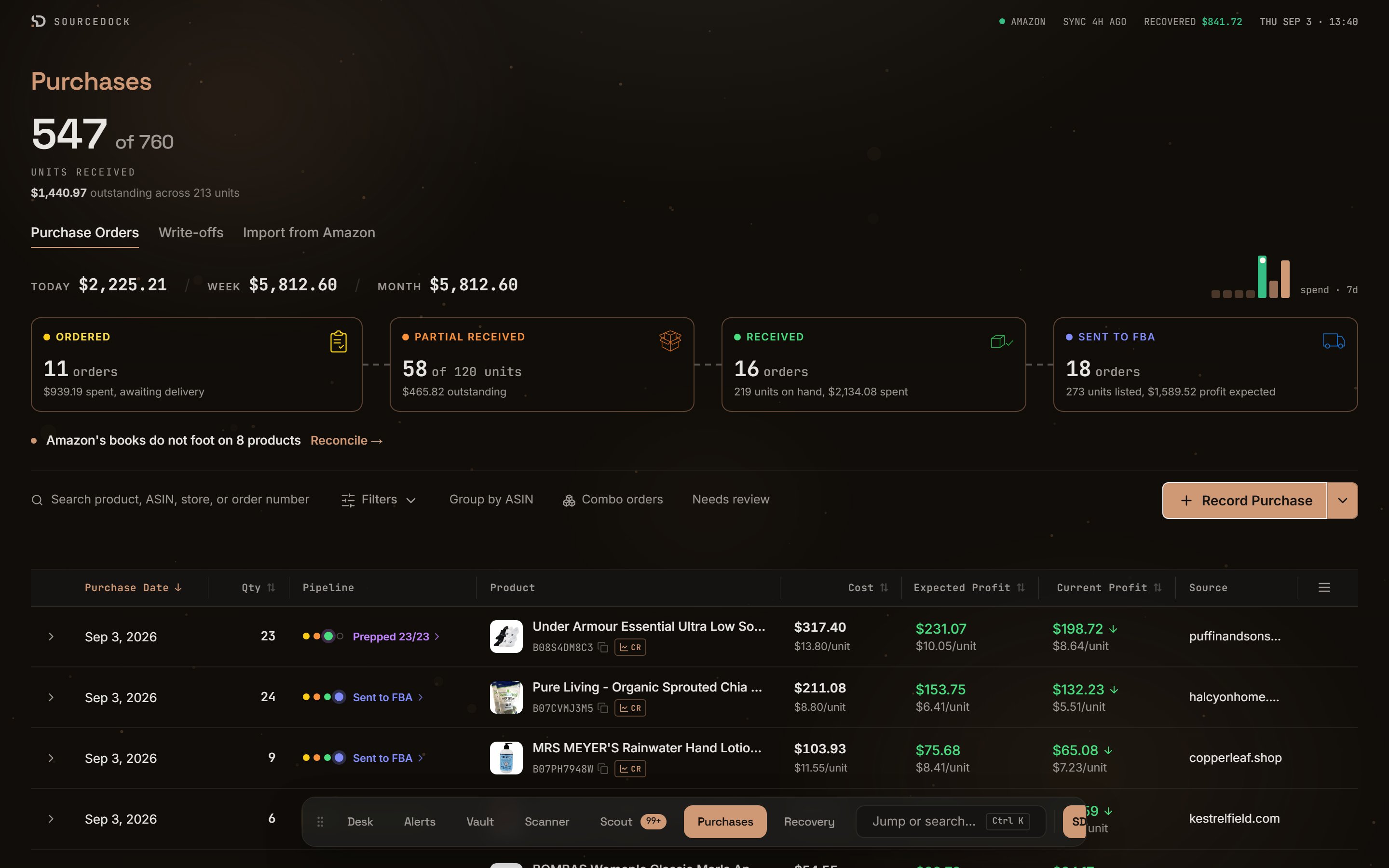 Purchases page with the receipts headline, pipeline tiles, filters, and order table