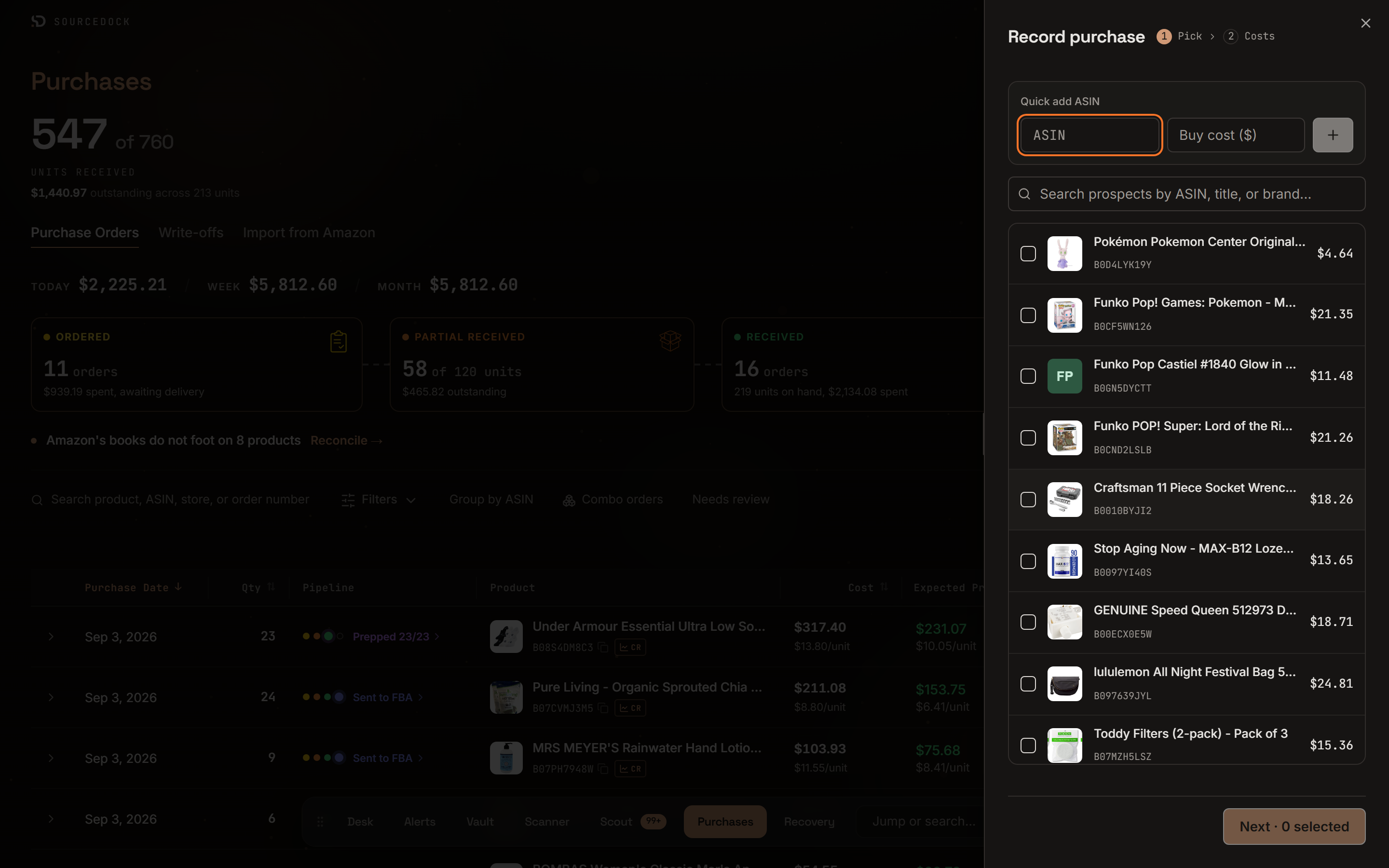 Record purchase sheet with the Pick and Costs steps