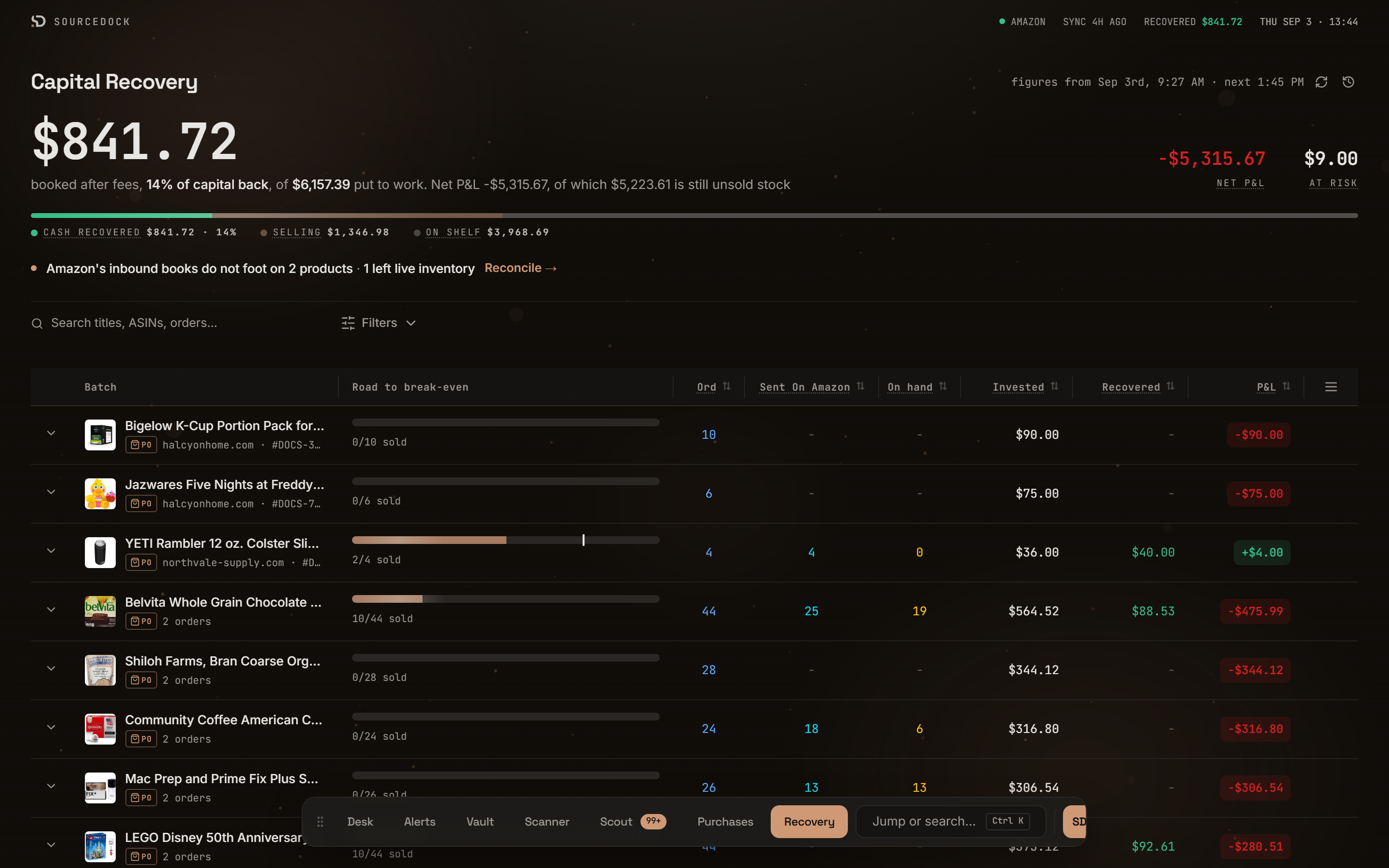 Capital Recovery page with the header figures, split bar, filters, and ledger table