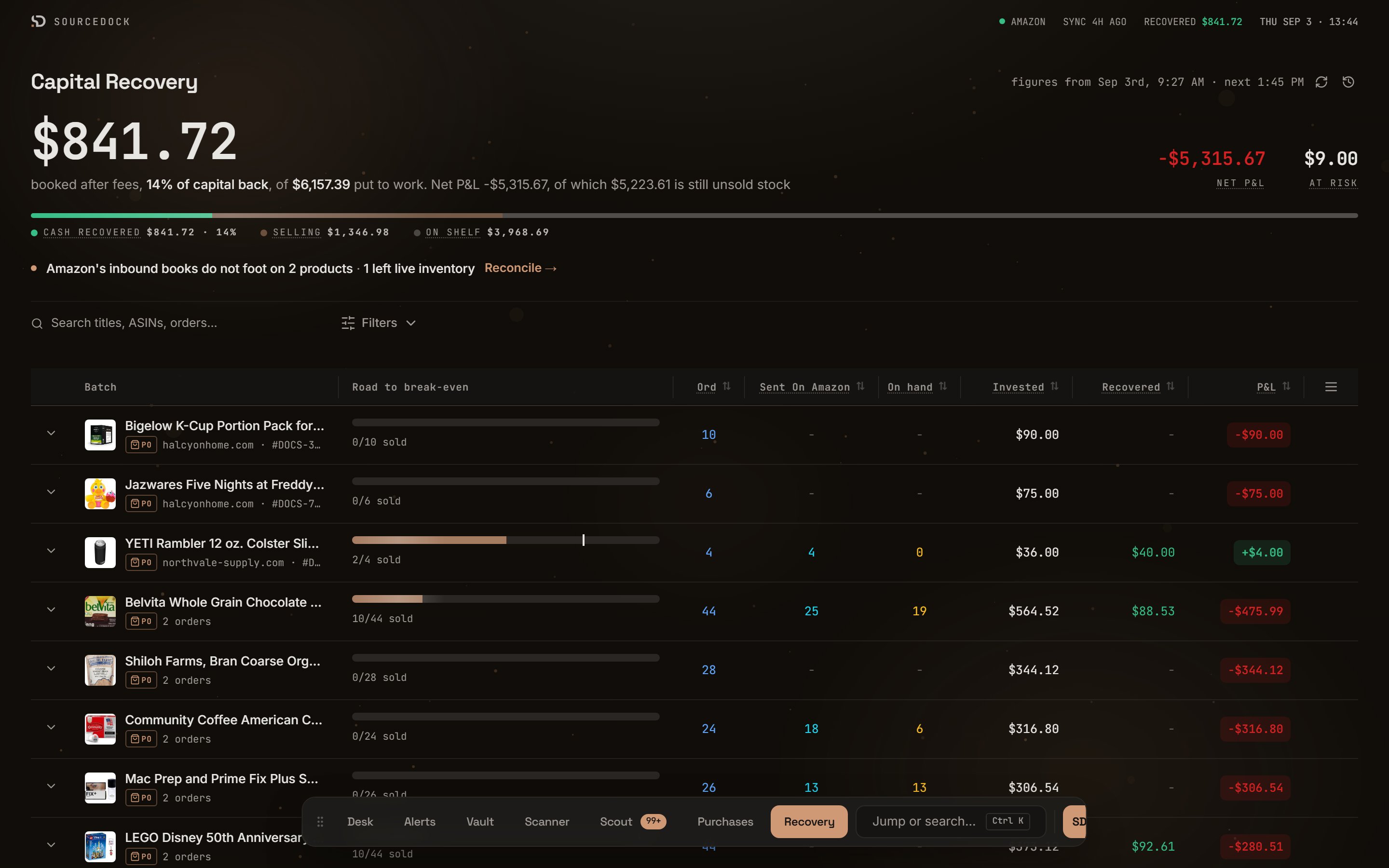 Capital Recovery page with the header figures, split bar, filters, and ledger table