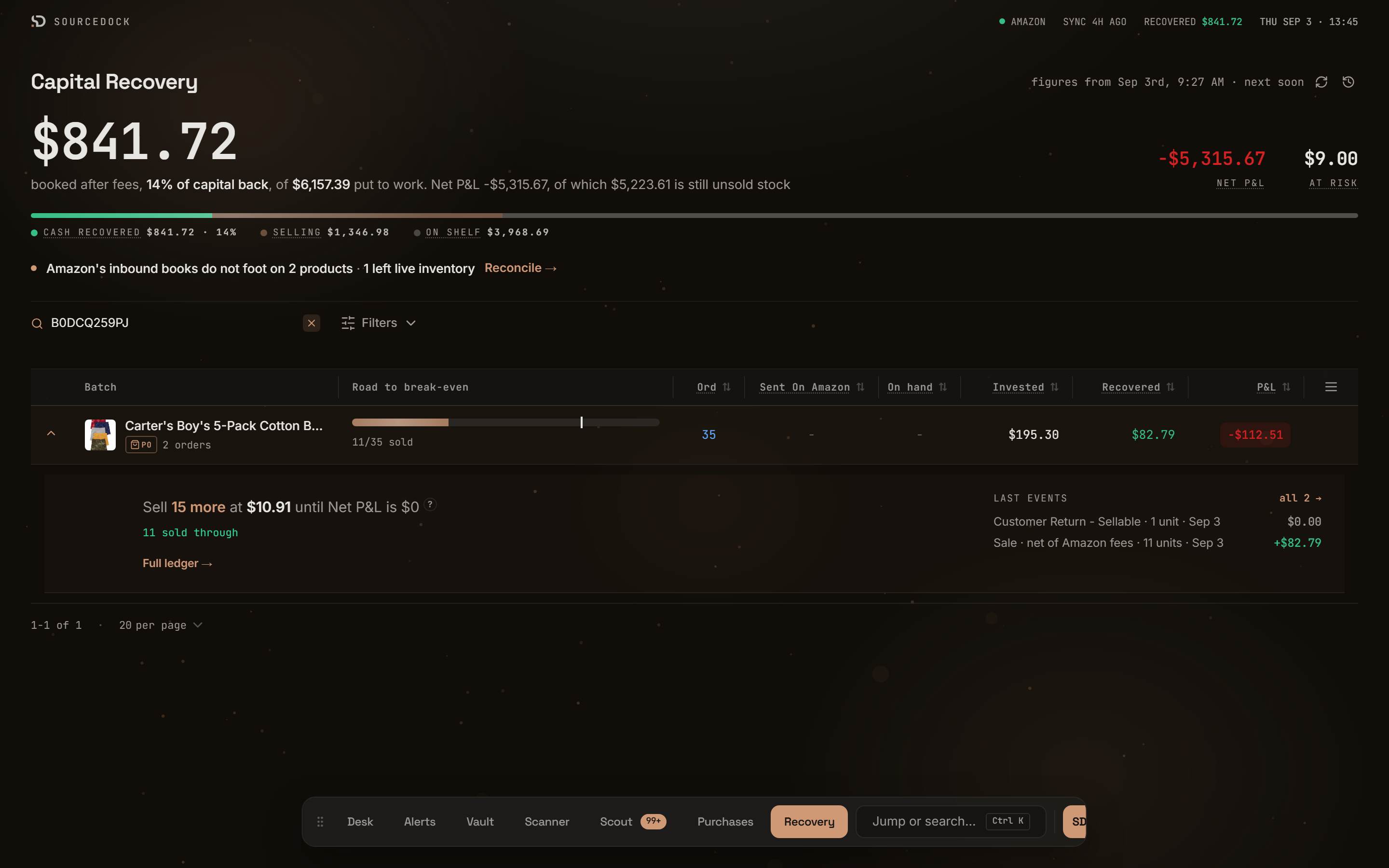 Expanded recovery row with the at-Amazon line, refunds, and the Full ledger link