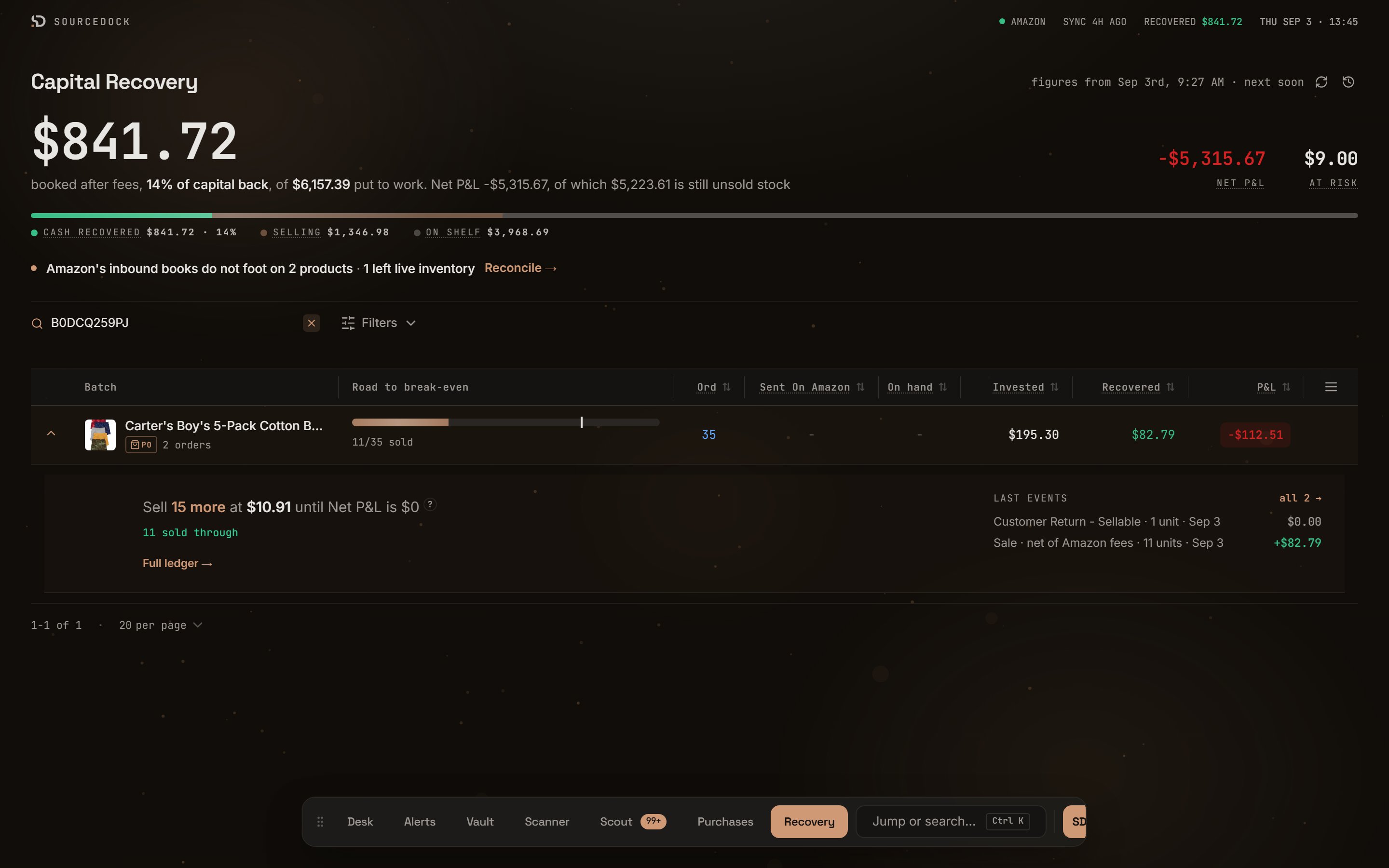 Expanded recovery row with the at-Amazon line, refunds, and the Full ledger link