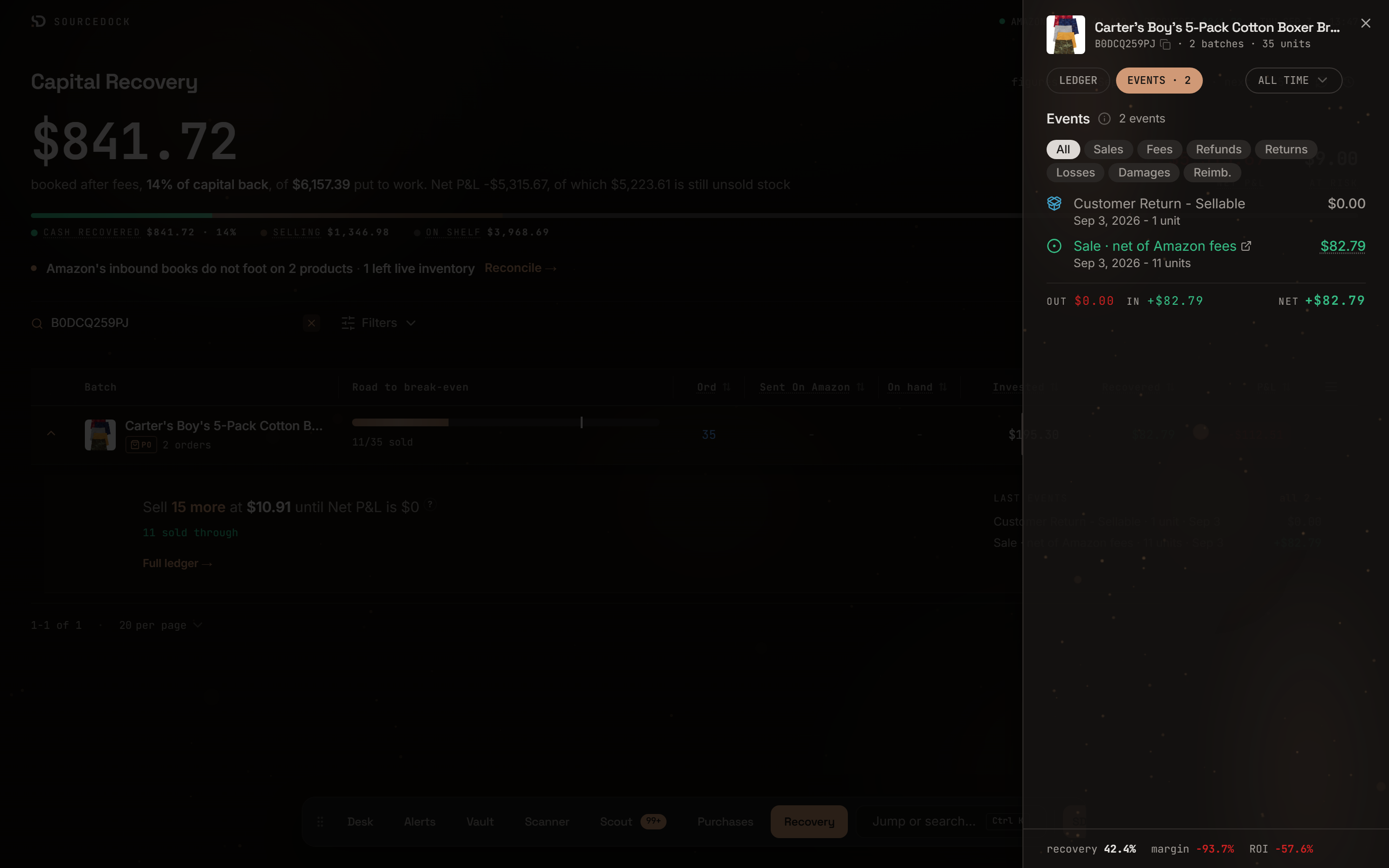 Events tab with filter pills and dated events