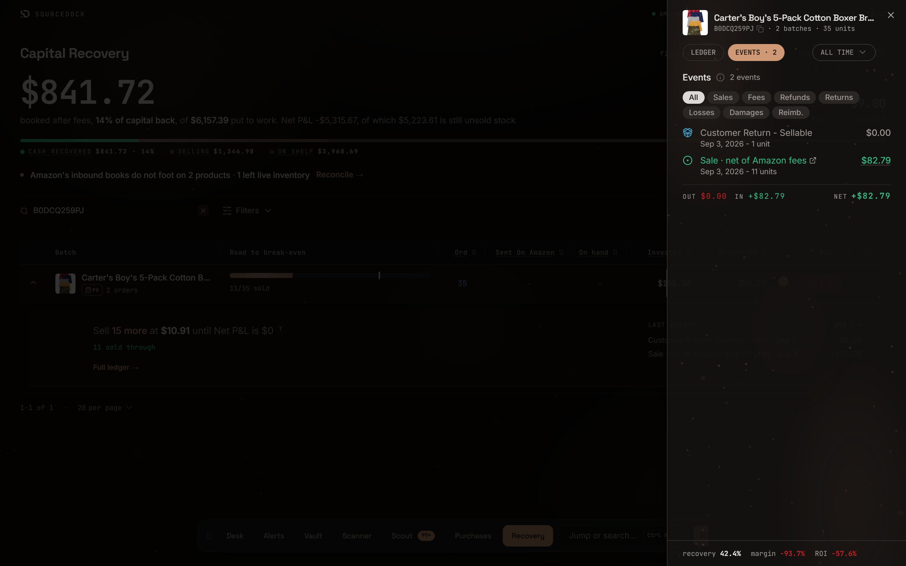 Events tab with filter pills and dated events