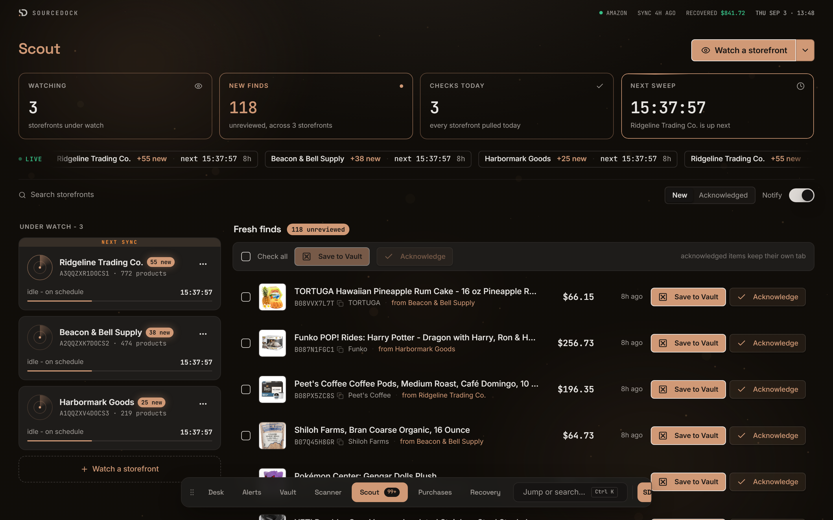 Scout page with four stat tiles, a search bar with New and Acknowledged tabs, storefront cards, and a list of finds