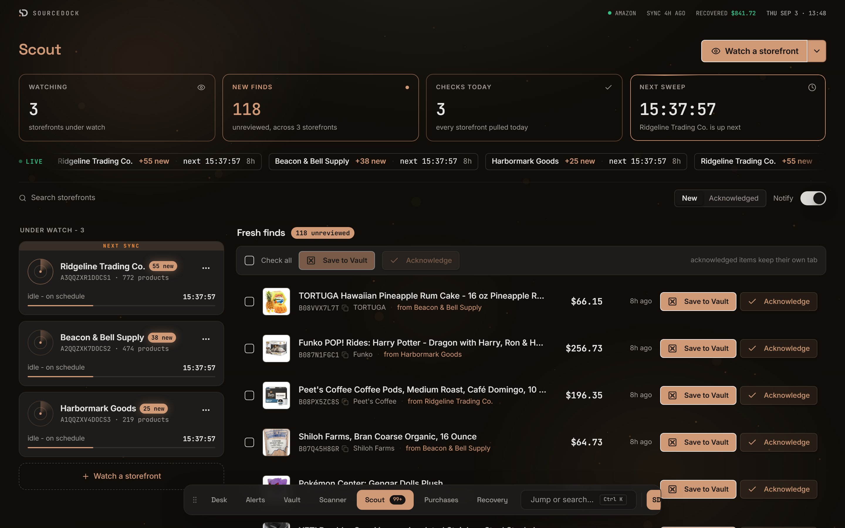 Scout page with four stat tiles, a search bar with New and Acknowledged tabs, storefront cards, and a list of finds