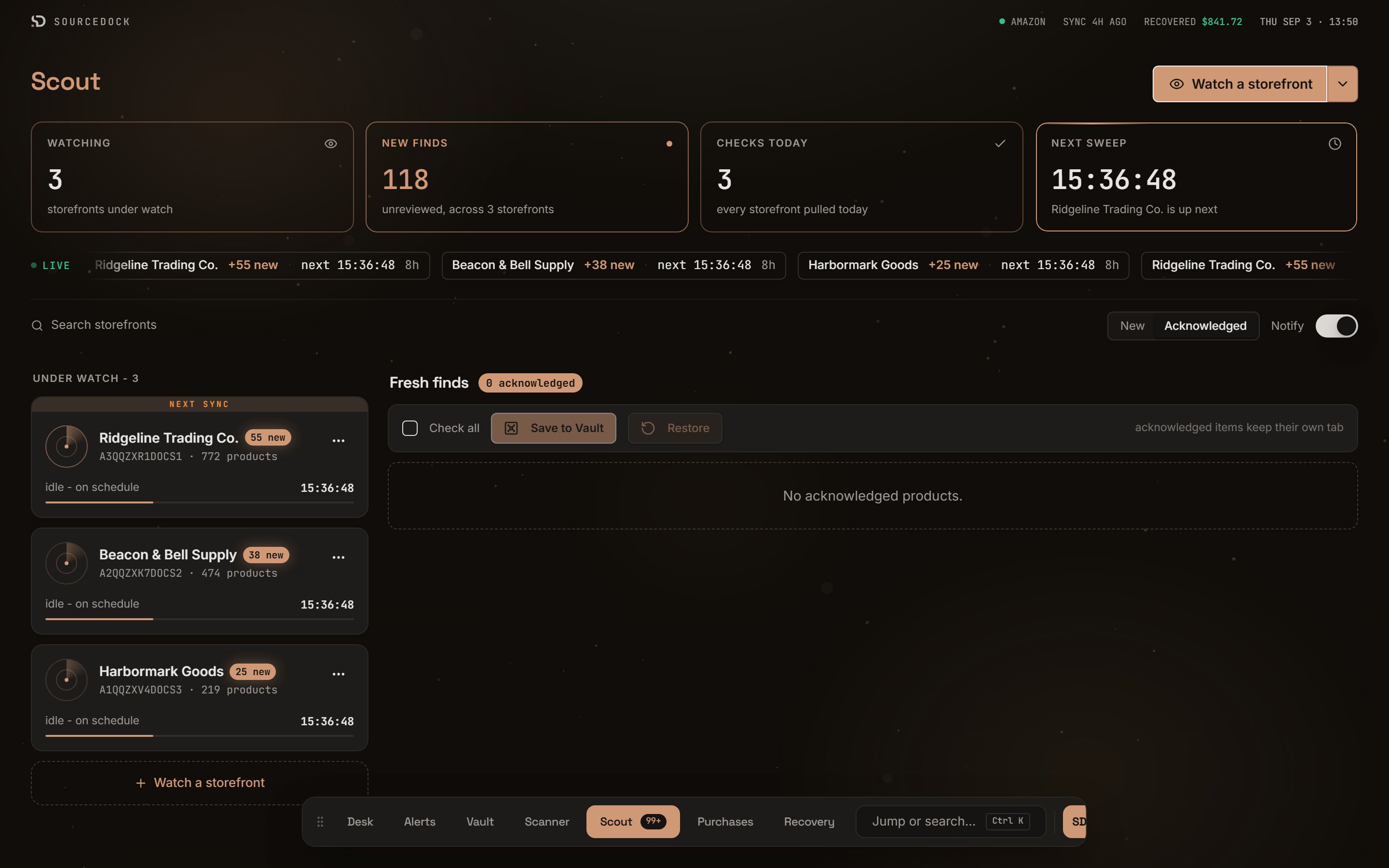 Scout feed on the Acknowledged tab with Restore buttons on each find