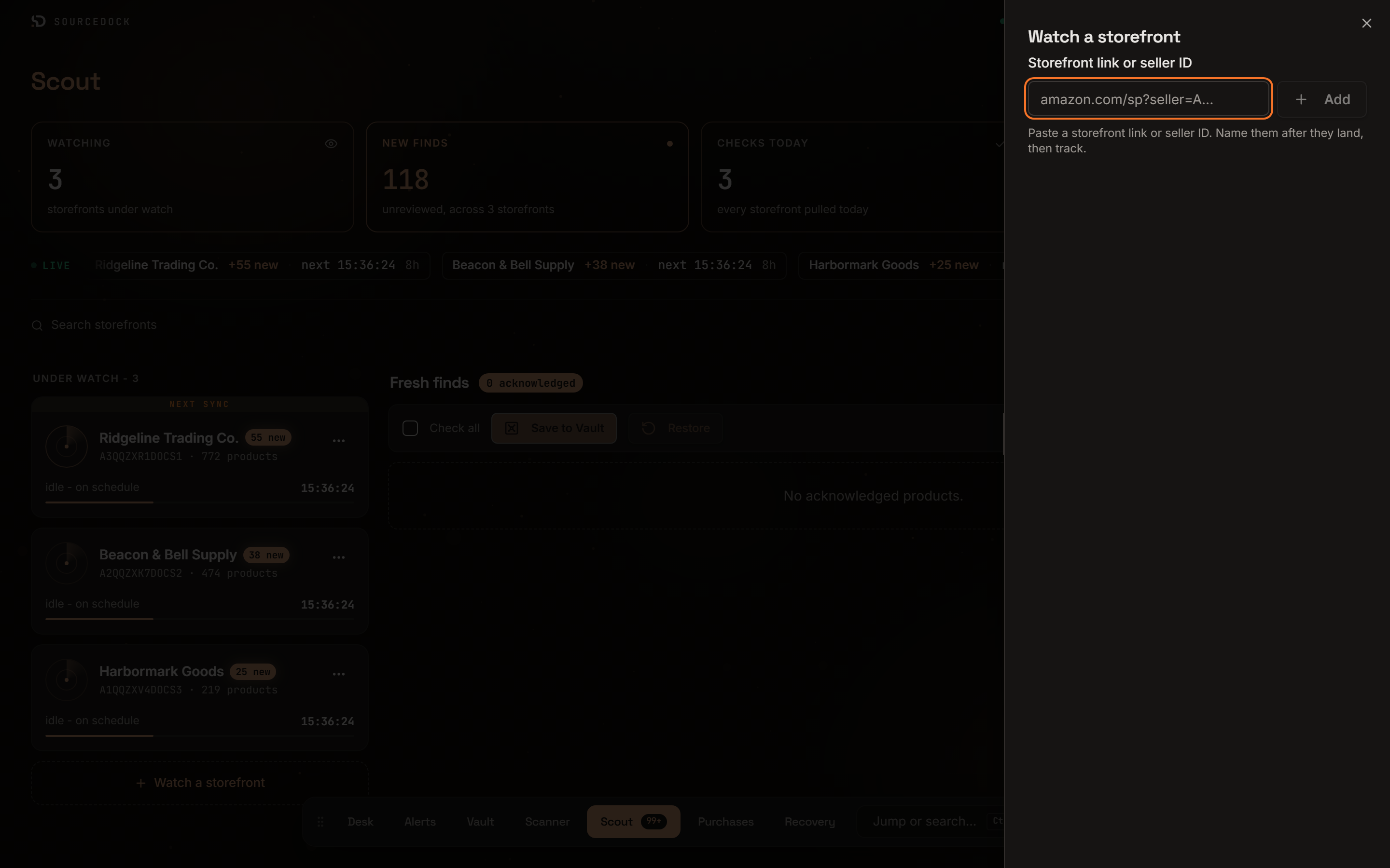 Watch a storefront sheet with a link box, an Add button, a staged row with a name field and product count, and a Track button