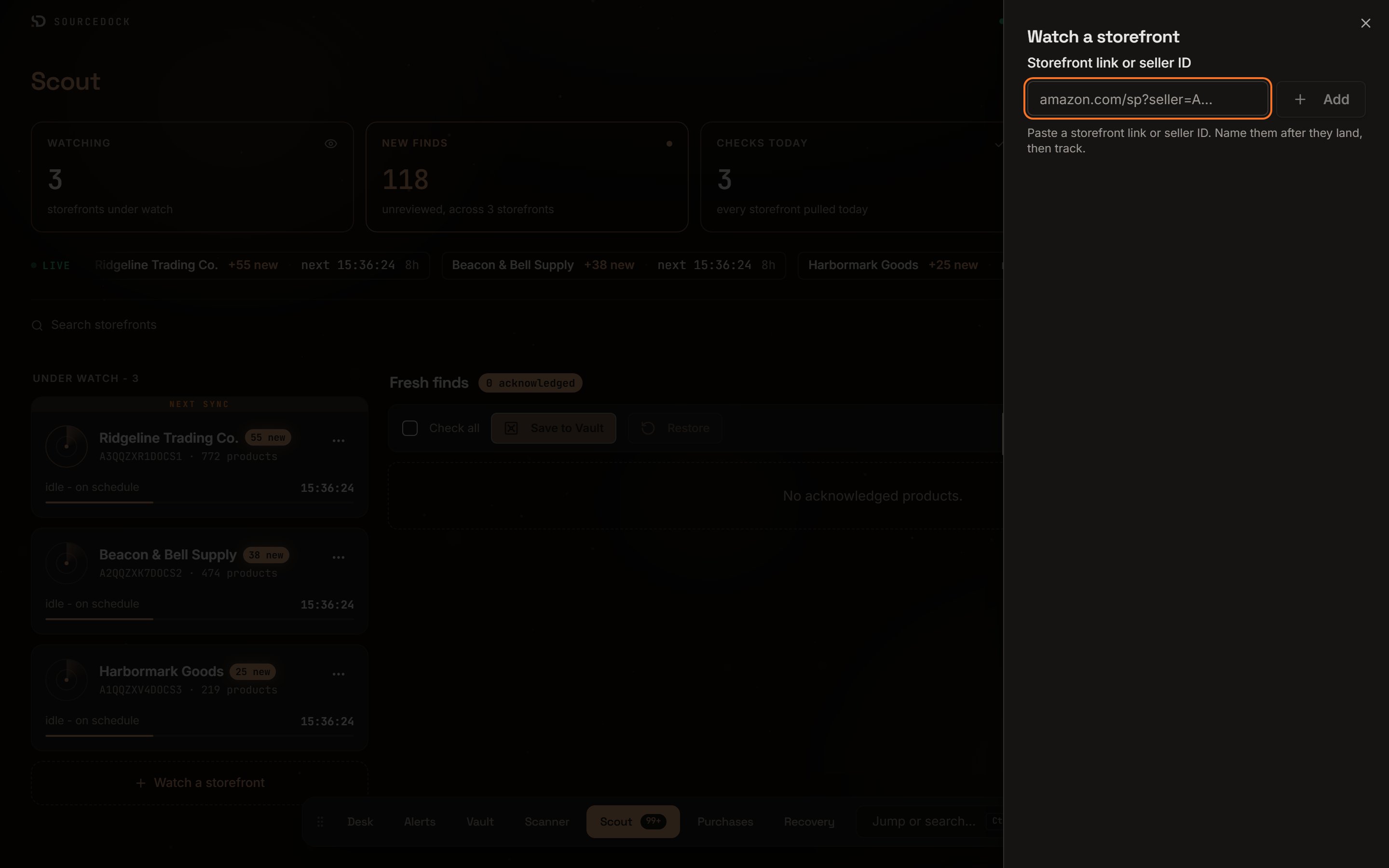Watch a storefront sheet with a link box, an Add button, a staged row with a name field and product count, and a Track button