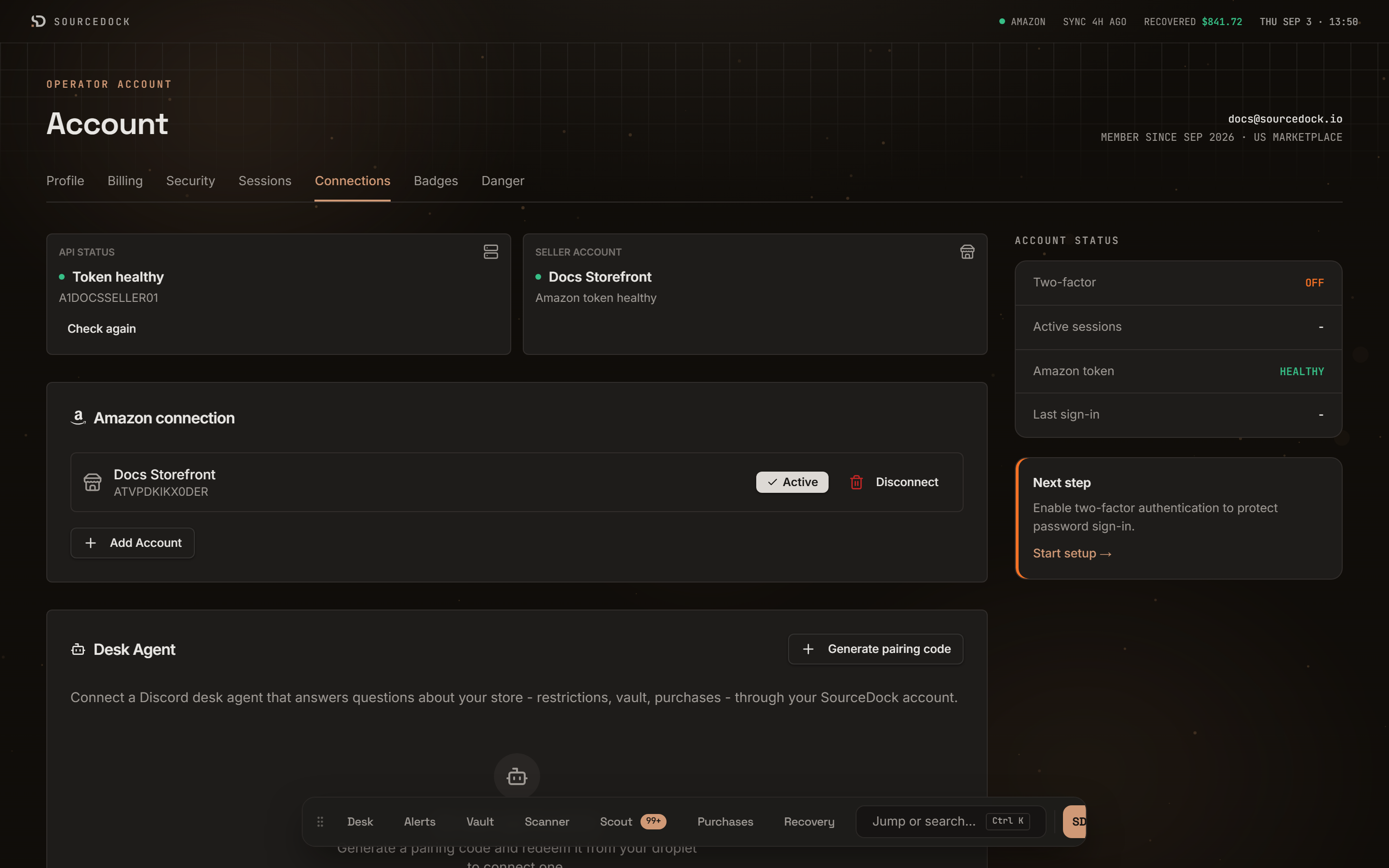 Connections tab showing the API status tile, the Seller account tile, and the Amazon connection card with one active account