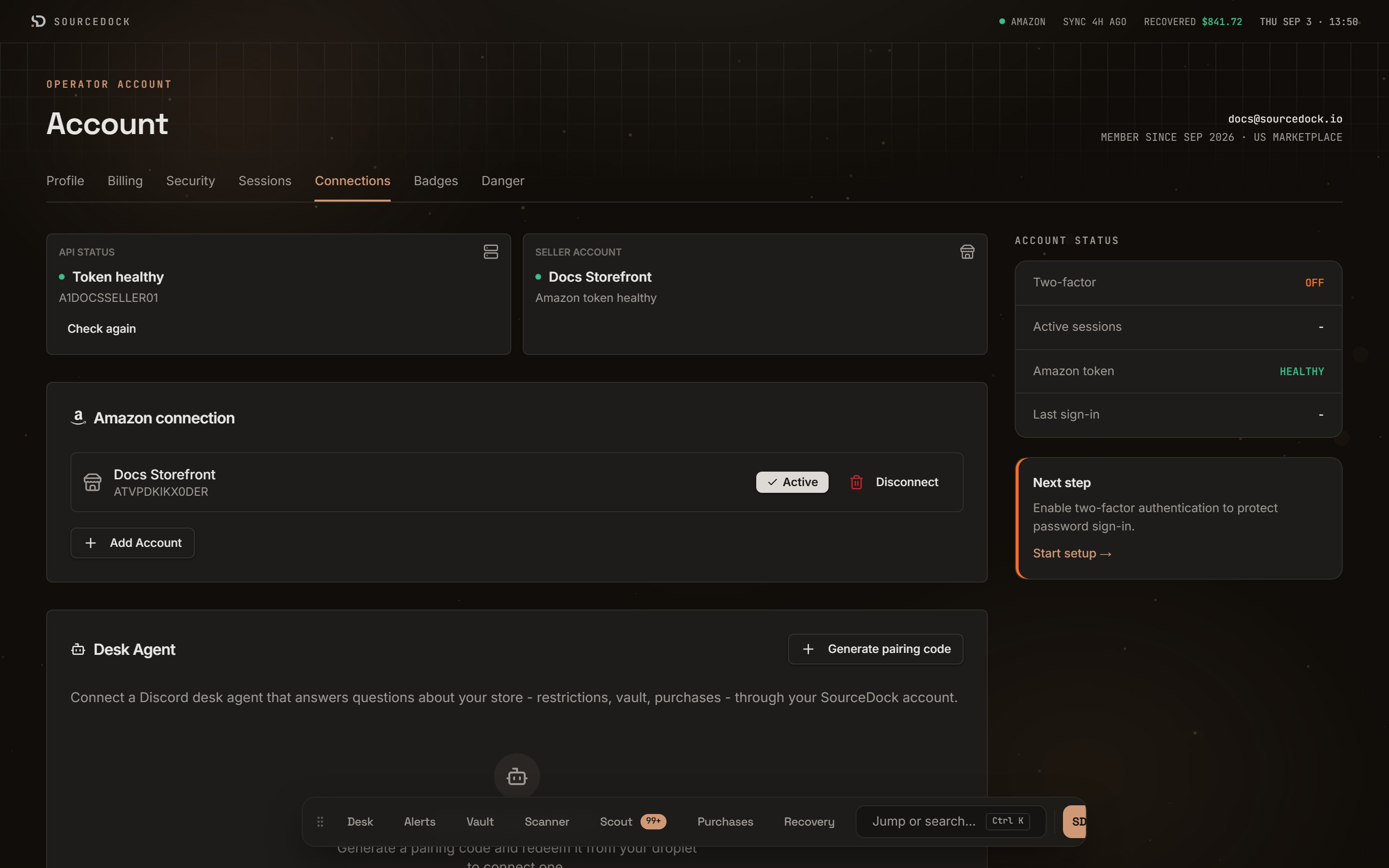 Connections tab showing the API status tile, the Seller account tile, and the Amazon connection card with one active account