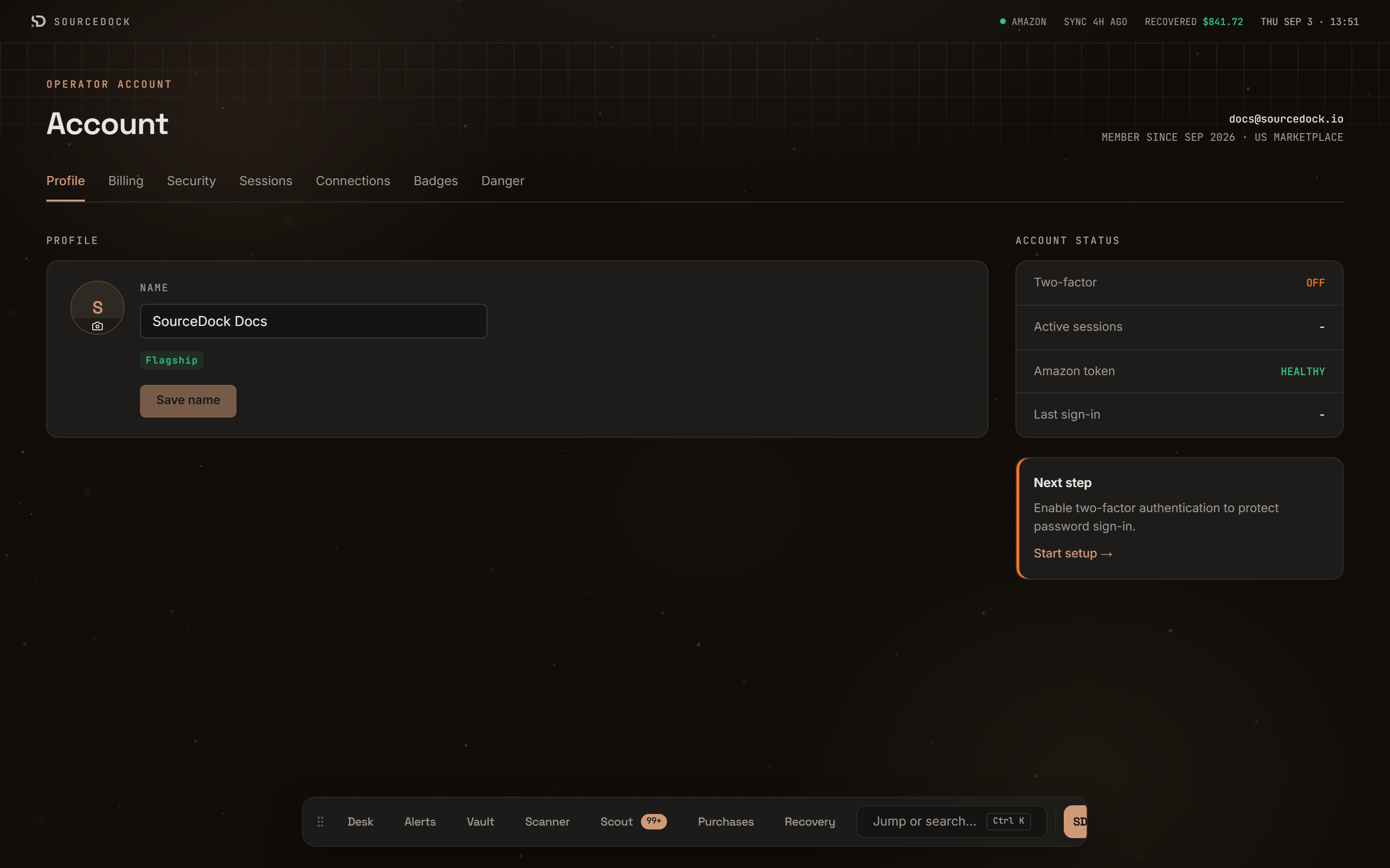 Profile tab with the photo circle, the Name field, the plan pill, and the Save name button