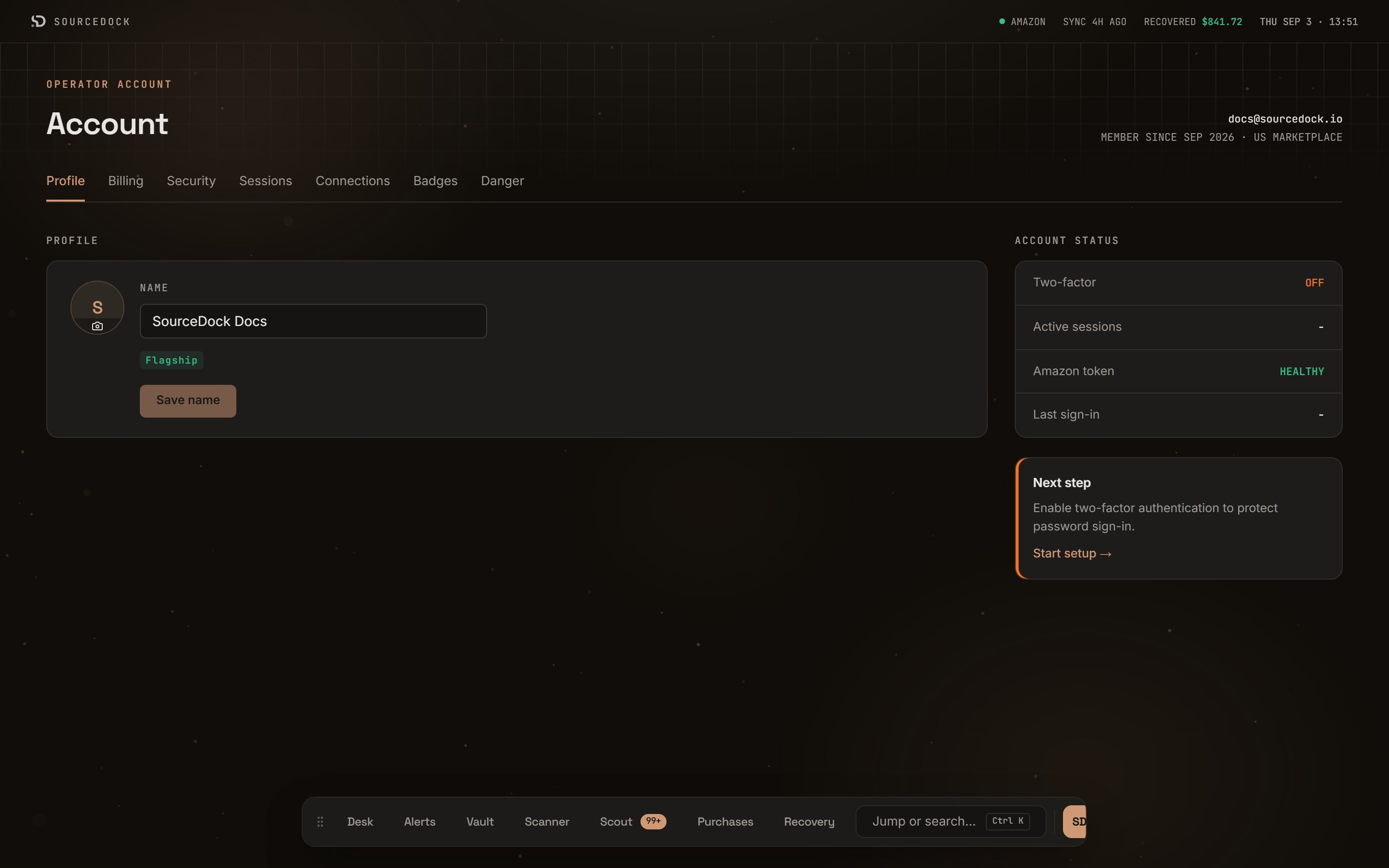 Profile tab with the photo circle, the Name field, the plan pill, and the Save name button