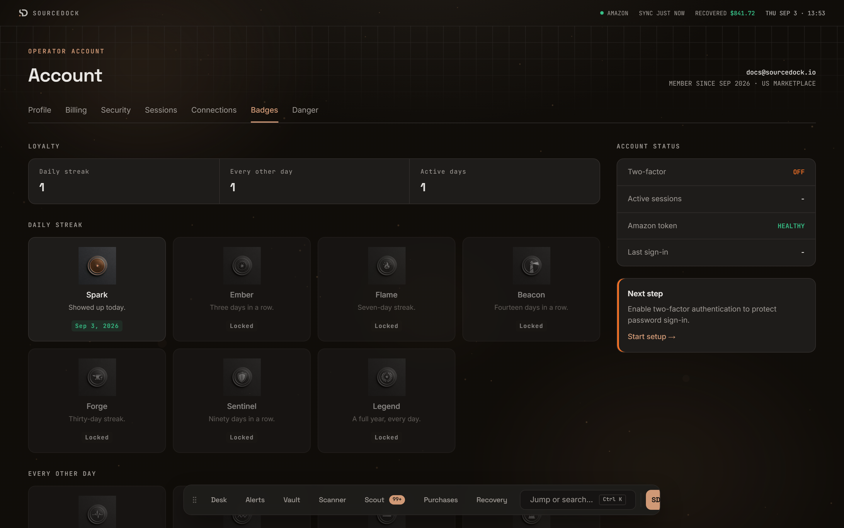 Badges tab showing the loyalty counters and the badge tiles
