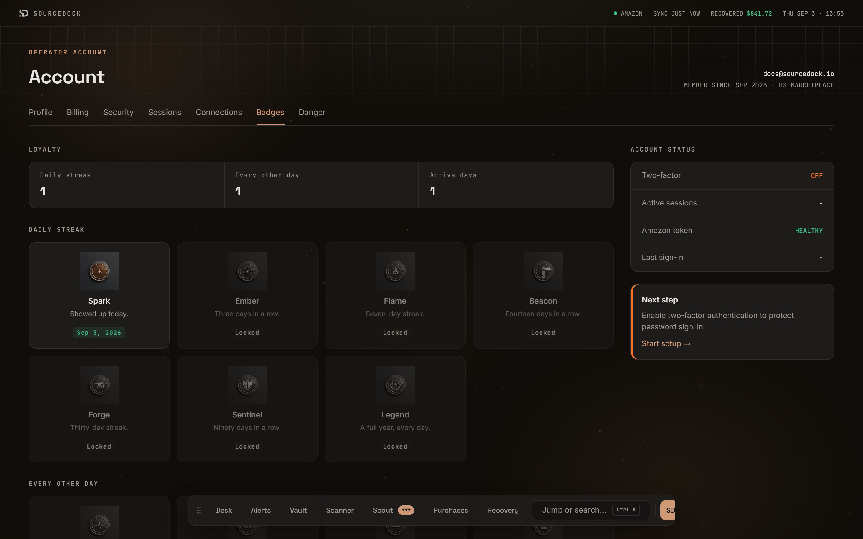 Badges tab showing the loyalty counters and the badge tiles