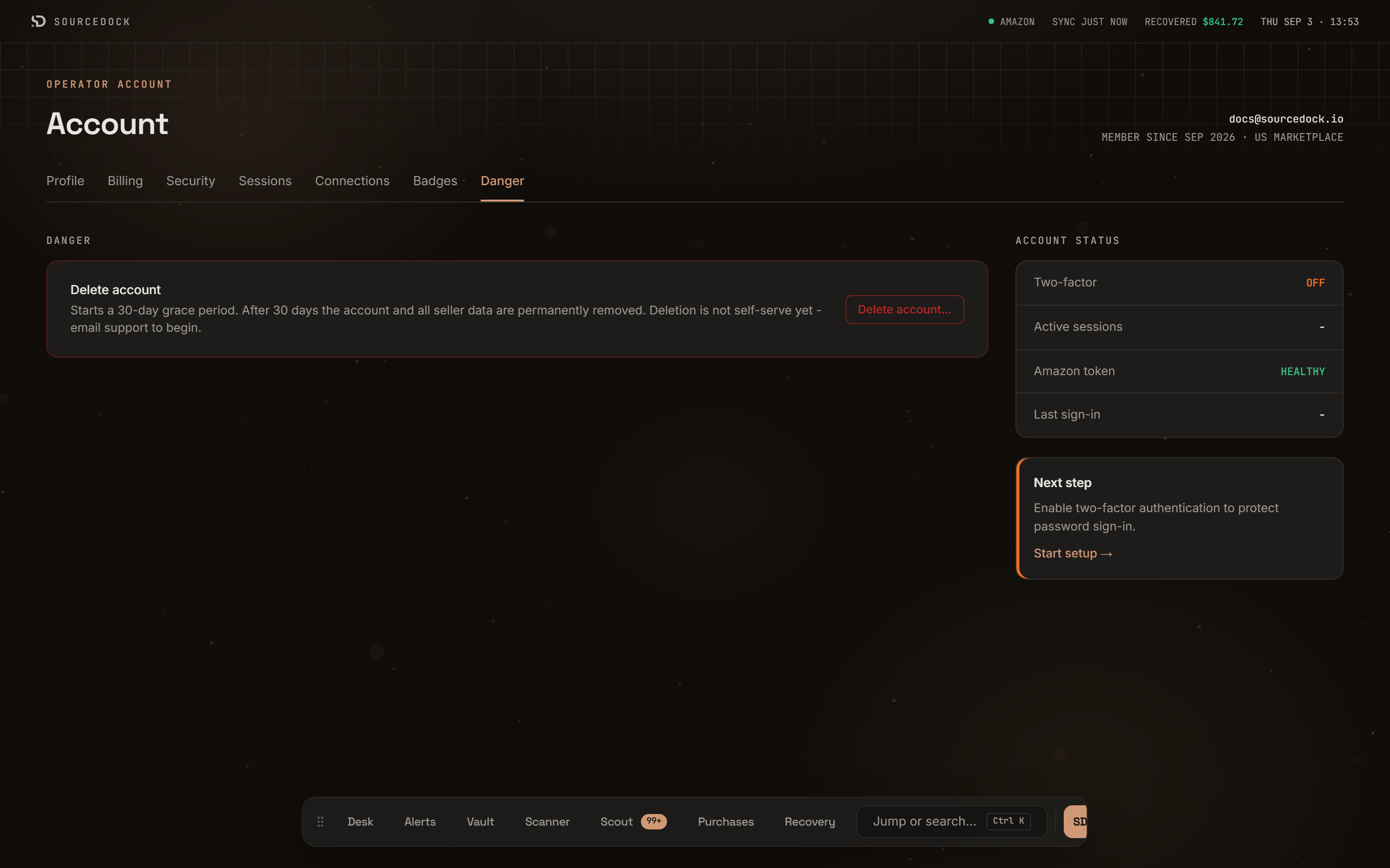 Danger tab with the Delete account row