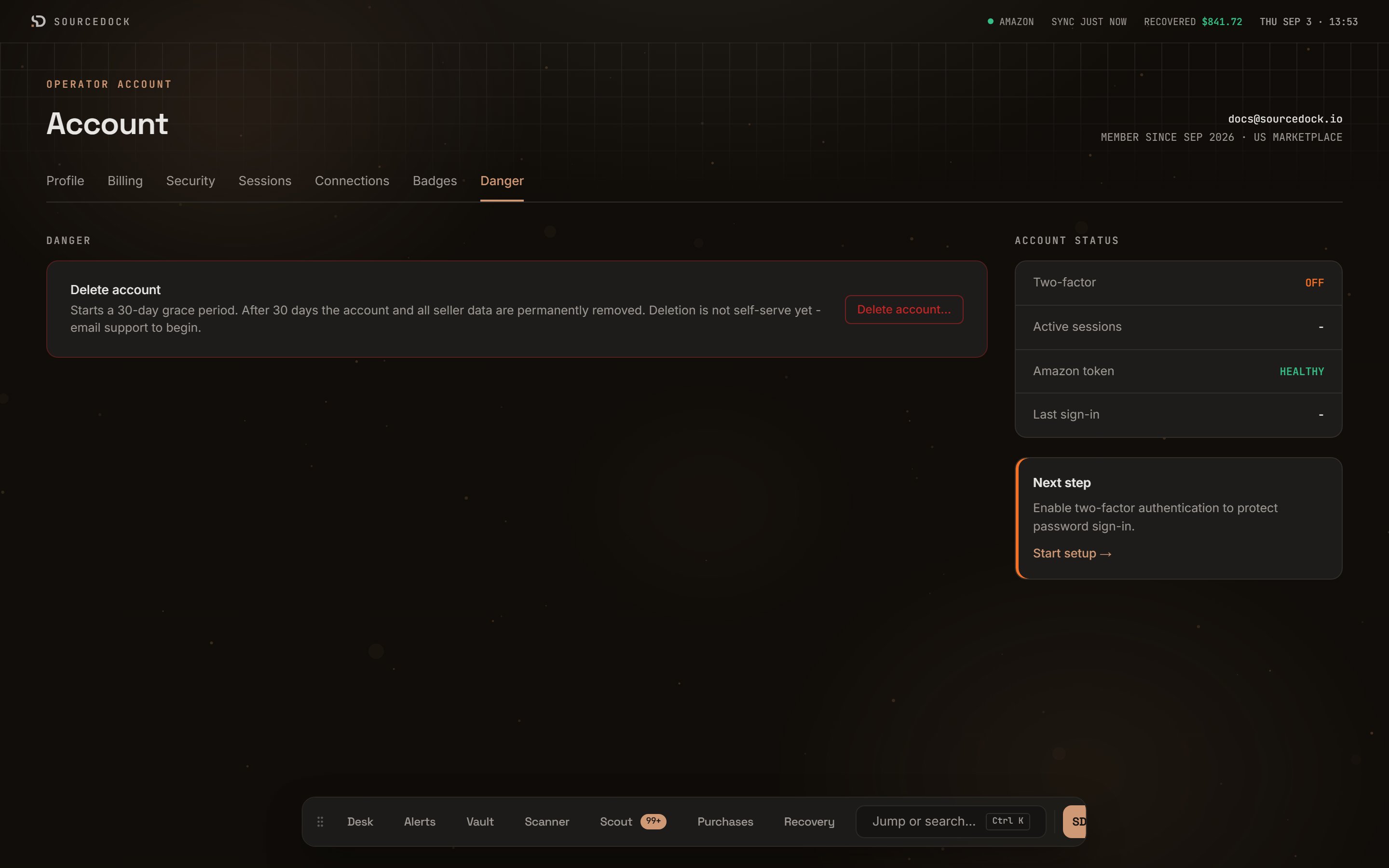 Danger tab with the Delete account row