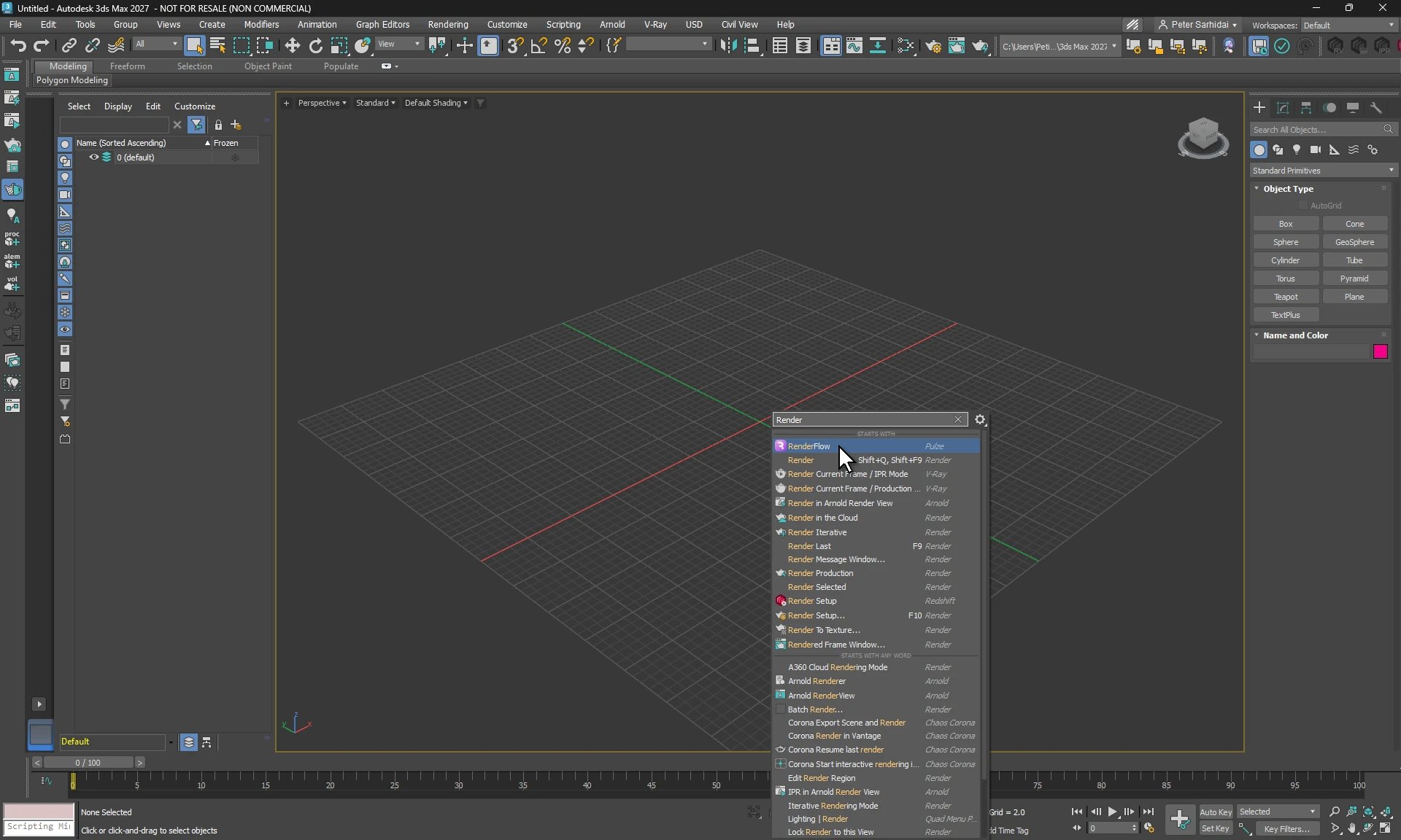 3ds Max with the action search open over the viewport, Render typed and the RenderFlow action from the Pulze category highlighted at the top of the results