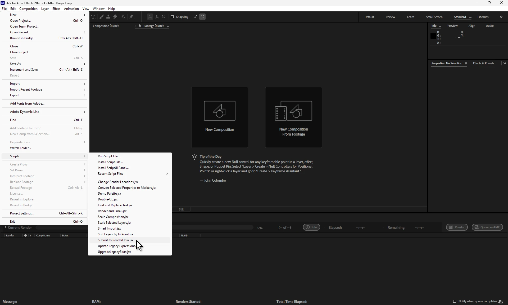 After Effects with the File menu and its Scripts submenu open, Submit to RenderFlow.jsx highlighted