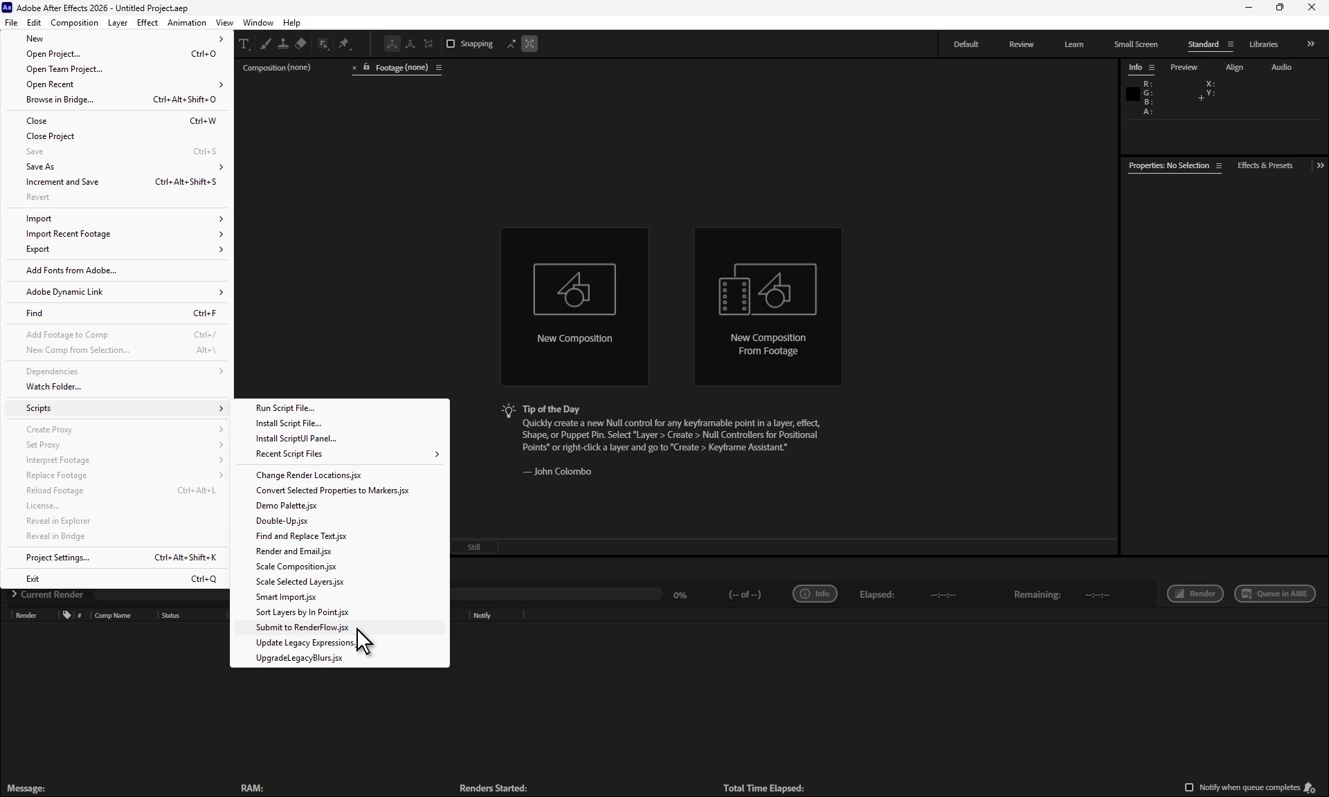 After Effects with the File menu and its Scripts submenu open, Submit to RenderFlow.jsx highlighted
