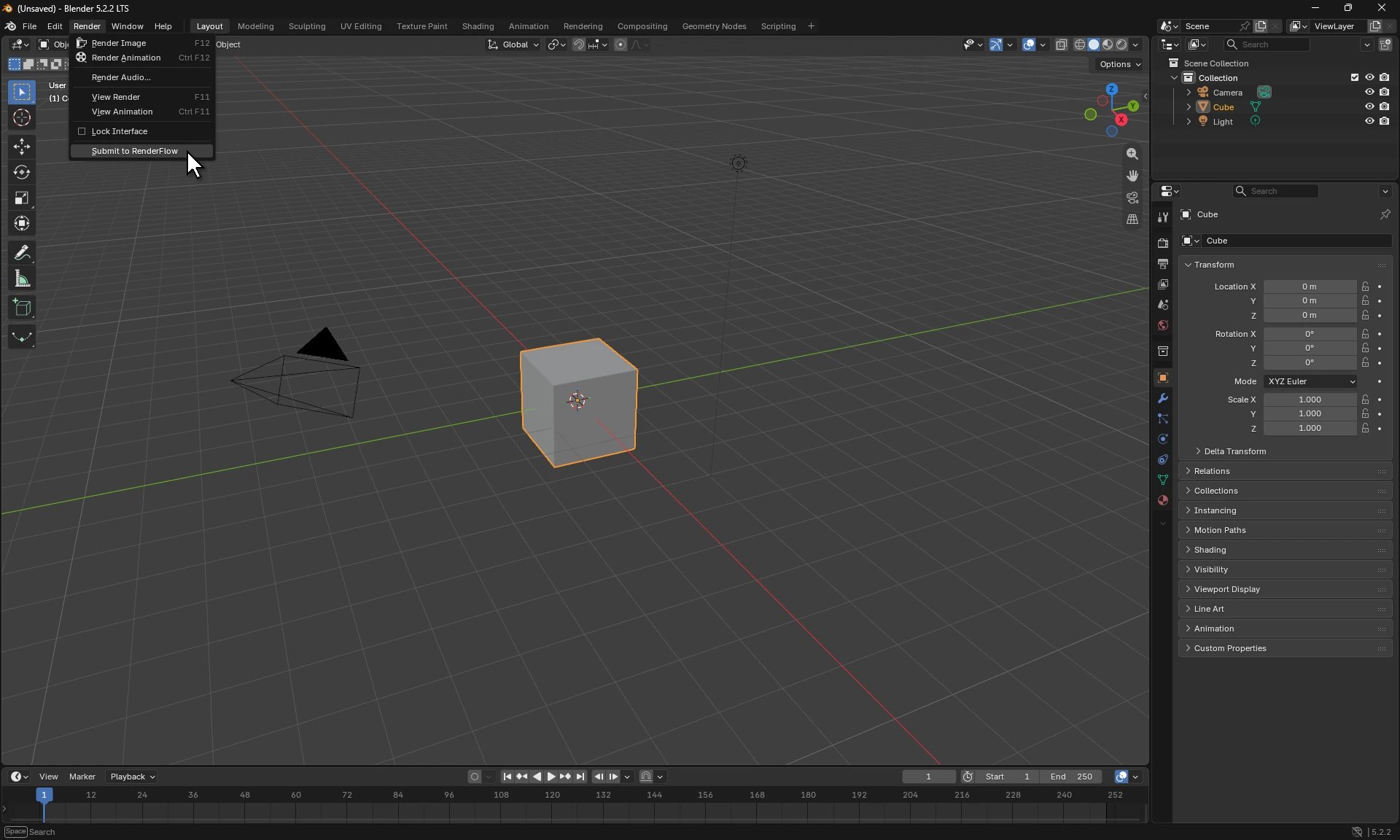 Blender with the Render menu open and Submit to RenderFlow highlighted