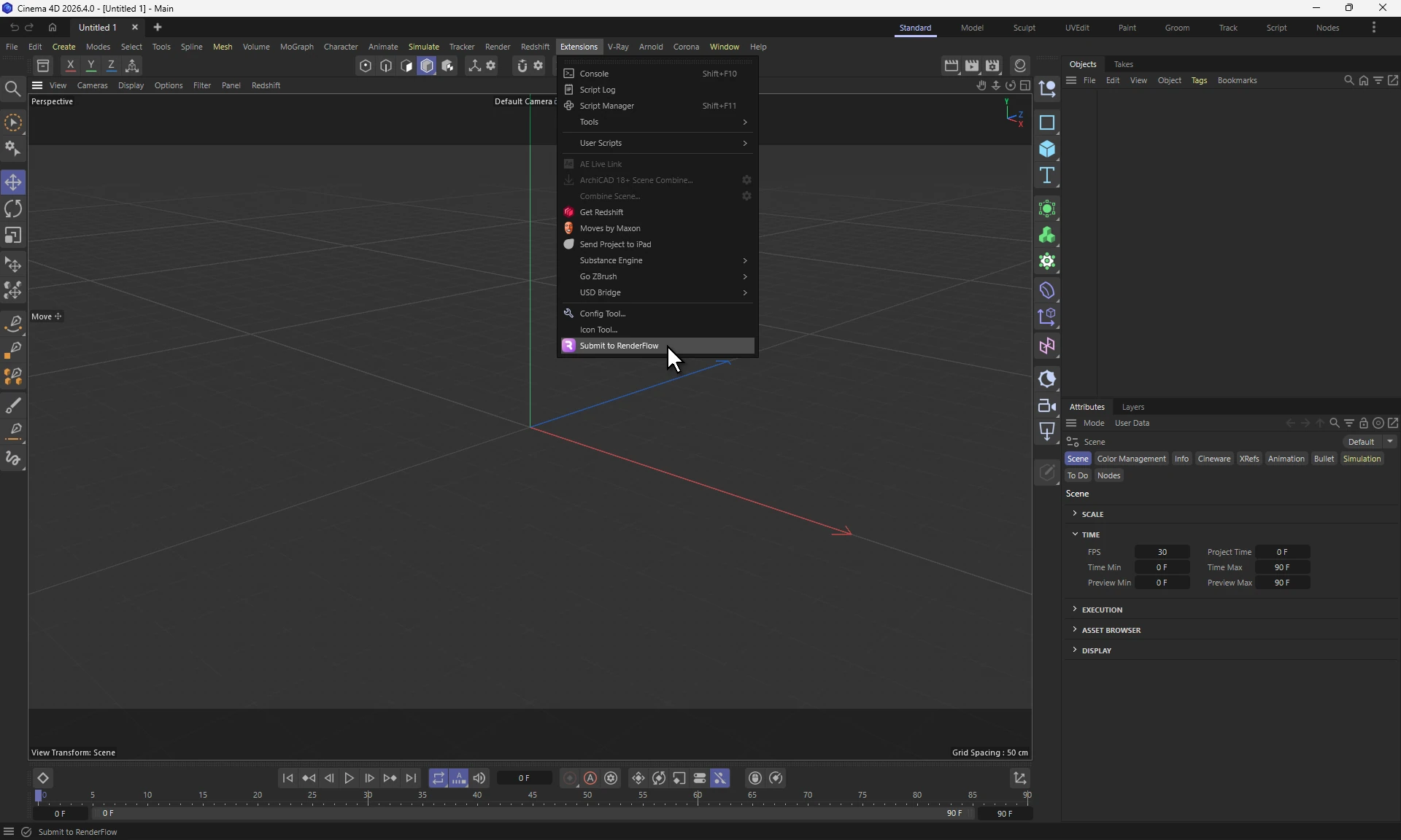 Cinema 4D with the Extensions menu open and Submit to RenderFlow highlighted at the bottom