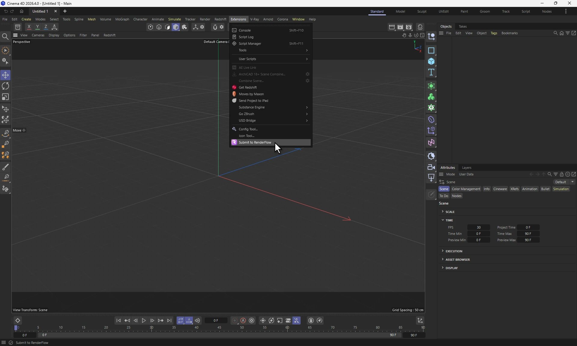 Cinema 4D with the Extensions menu open and Submit to RenderFlow highlighted at the bottom