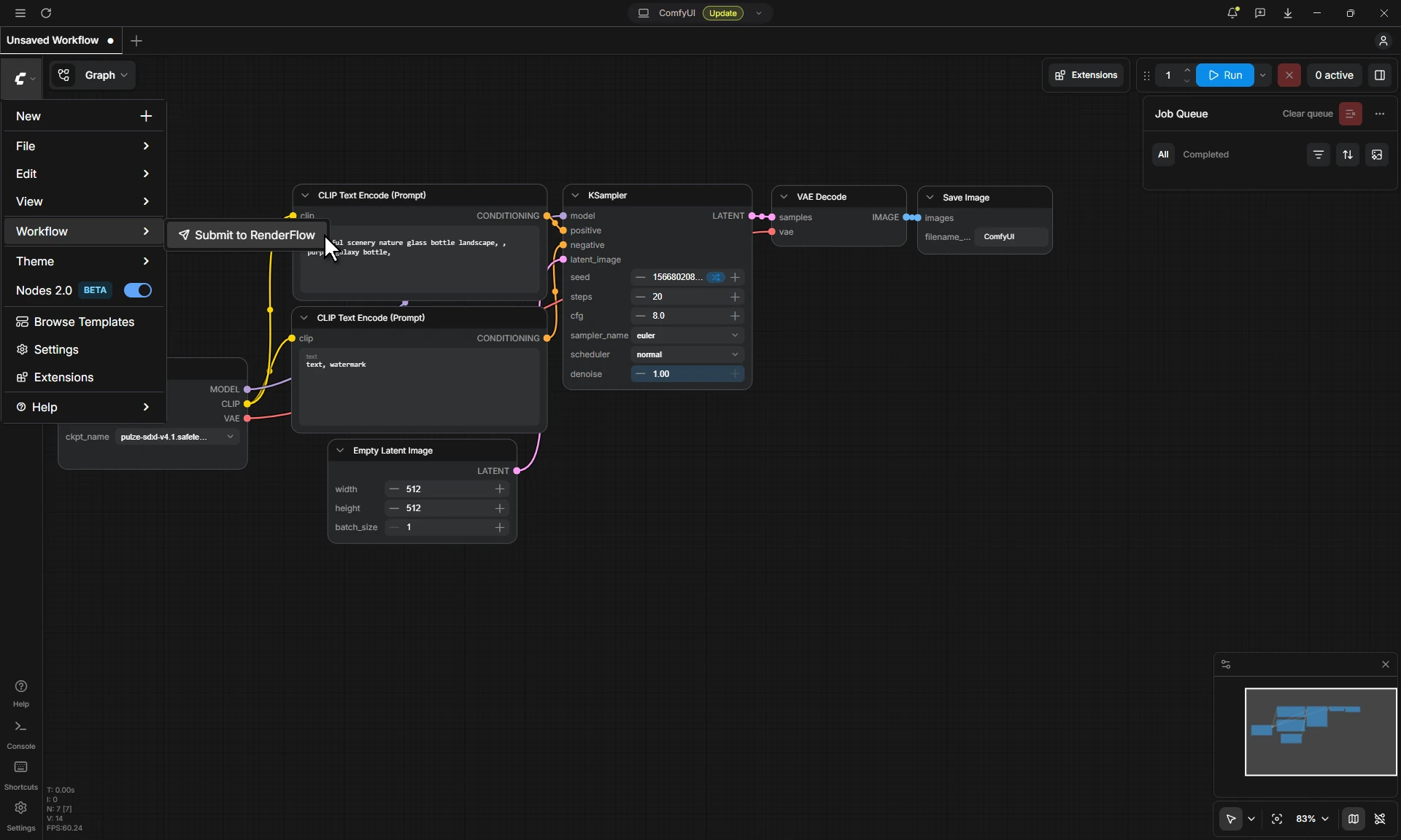 ComfyUI with the C menu open, Workflow expanded and Submit to RenderFlow under the cursor