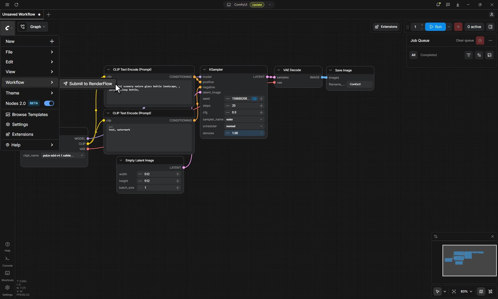 ComfyUI with the C menu open, Workflow expanded and Submit to RenderFlow under the cursor