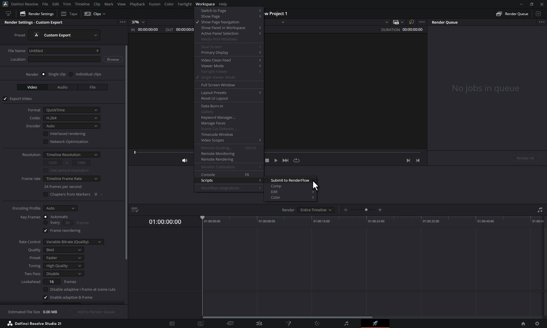 DaVinci Resolve with the Workspace menu and its Scripts submenu open, Submit to RenderFlow under the cursor