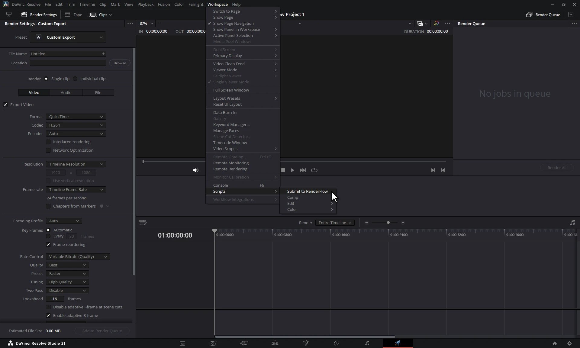 DaVinci Resolve with the Workspace menu and its Scripts submenu open, Submit to RenderFlow under the cursor