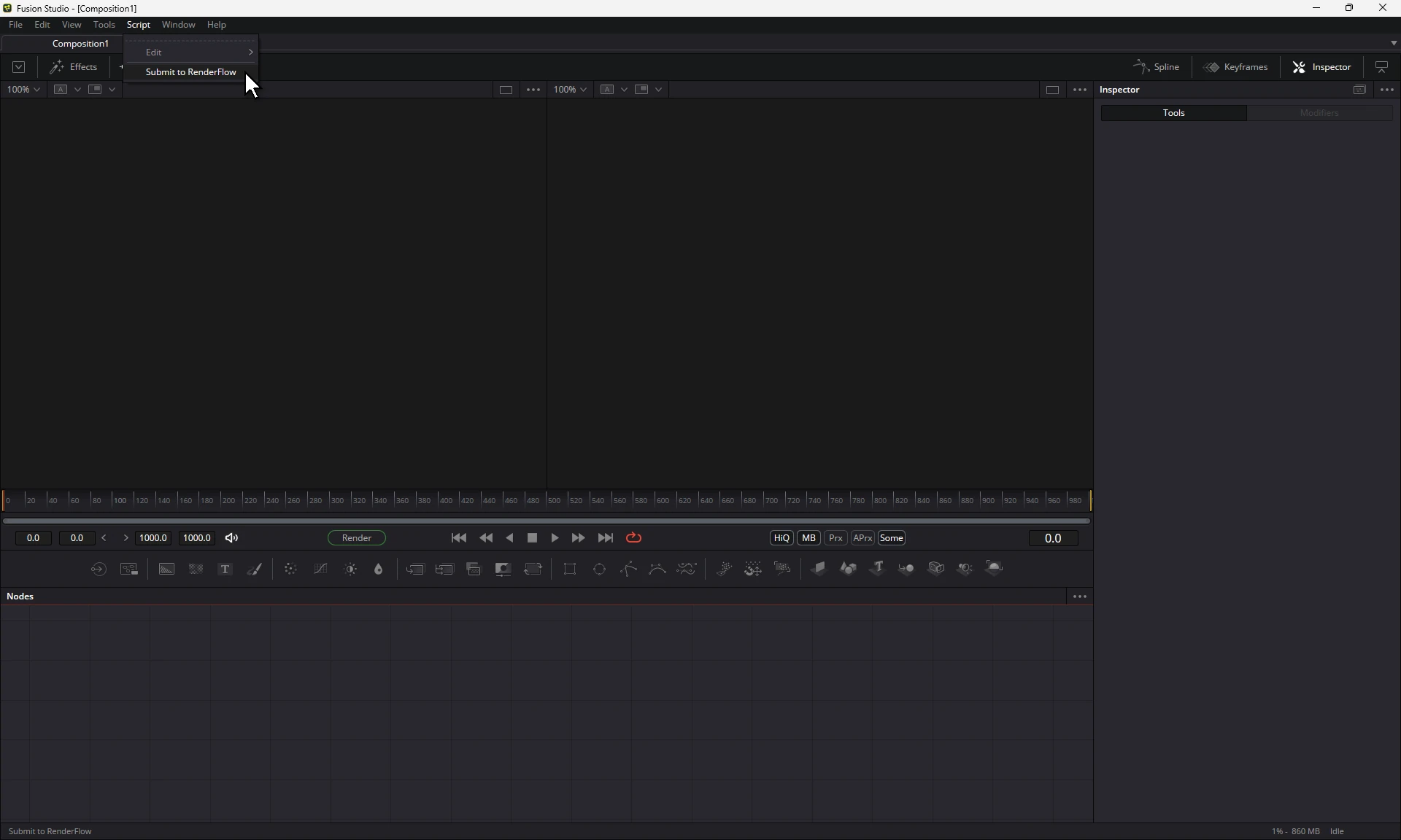 Fusion Studio with the Script menu open and Submit to RenderFlow under the cursor