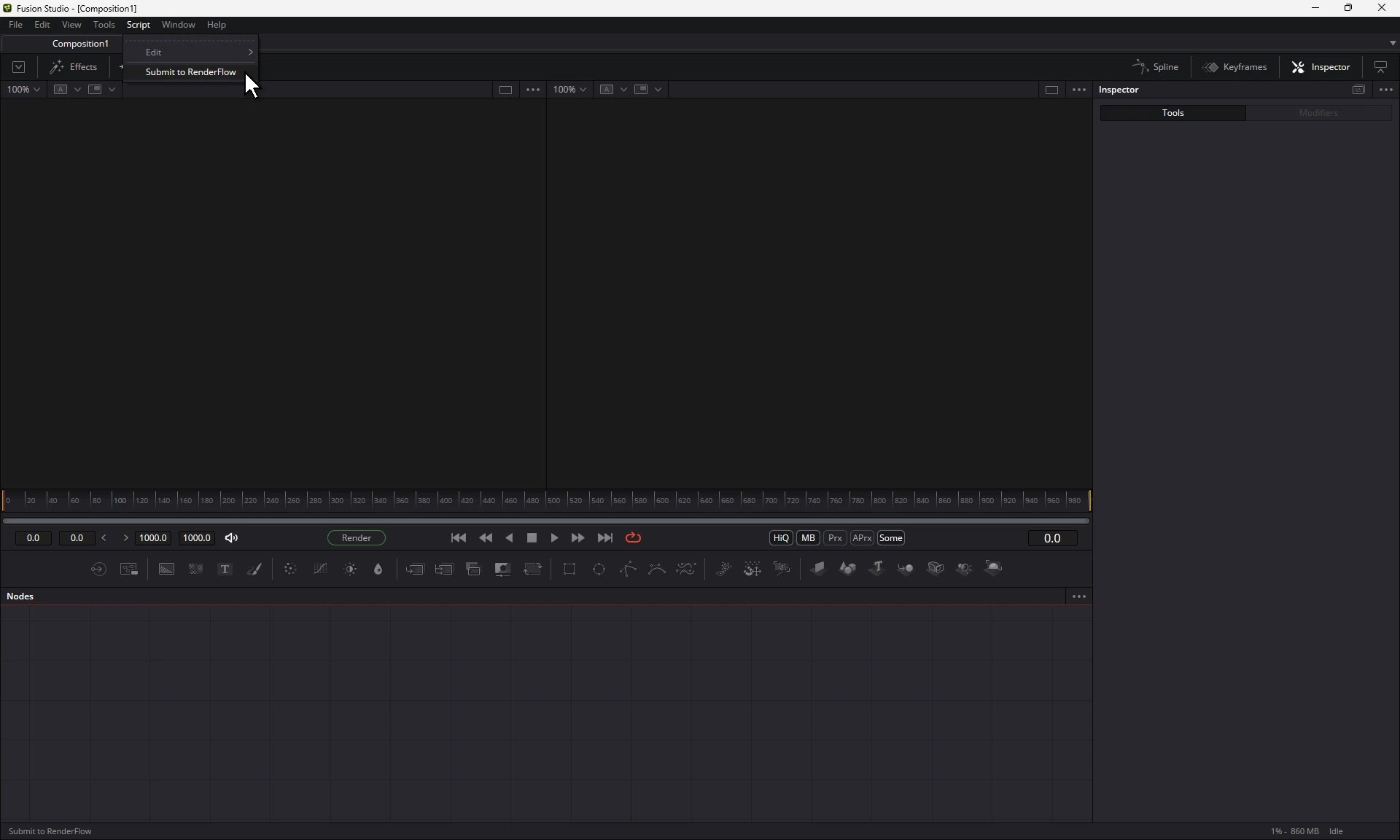 Fusion Studio with the Script menu open and Submit to RenderFlow under the cursor