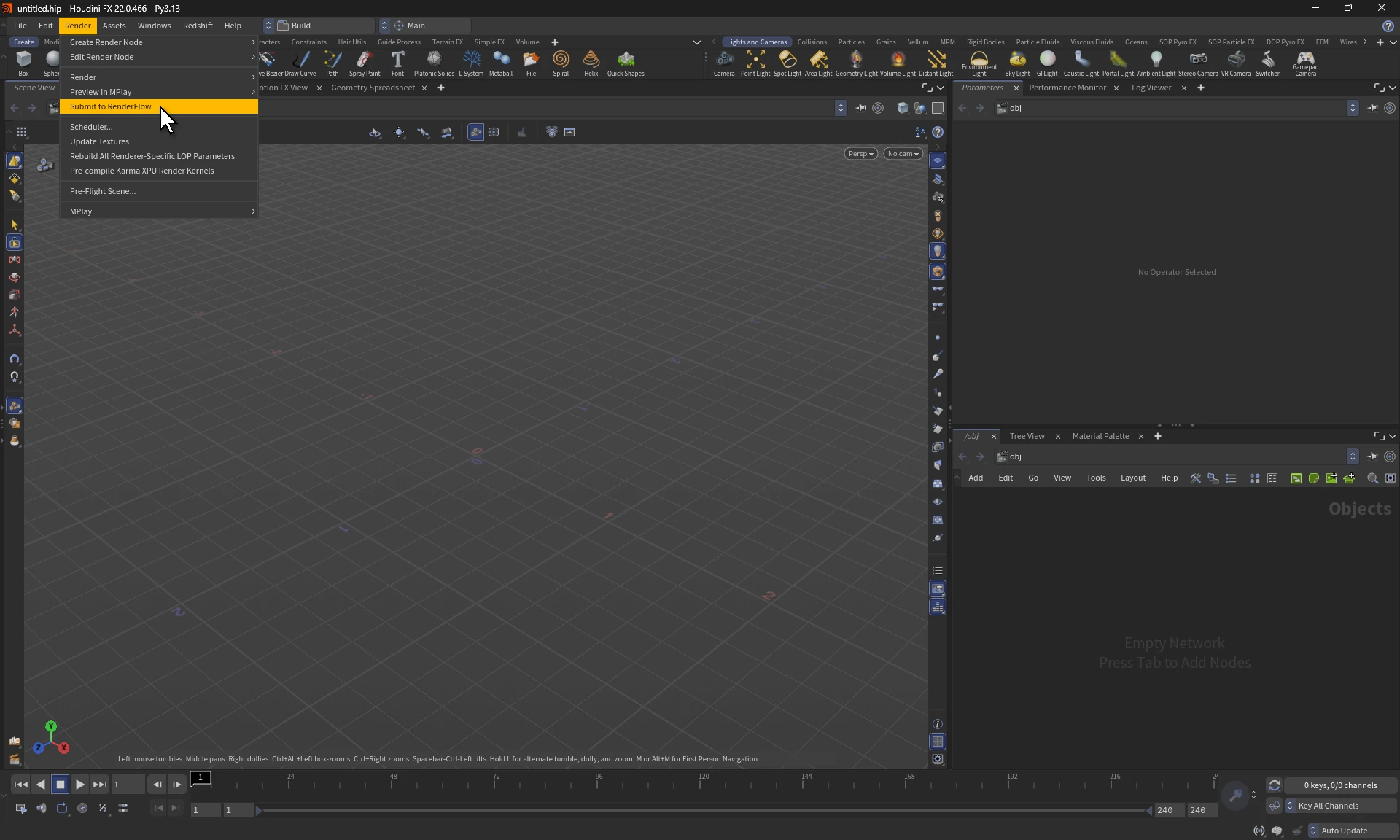 Houdini with the Render menu open and Submit to RenderFlow highlighted