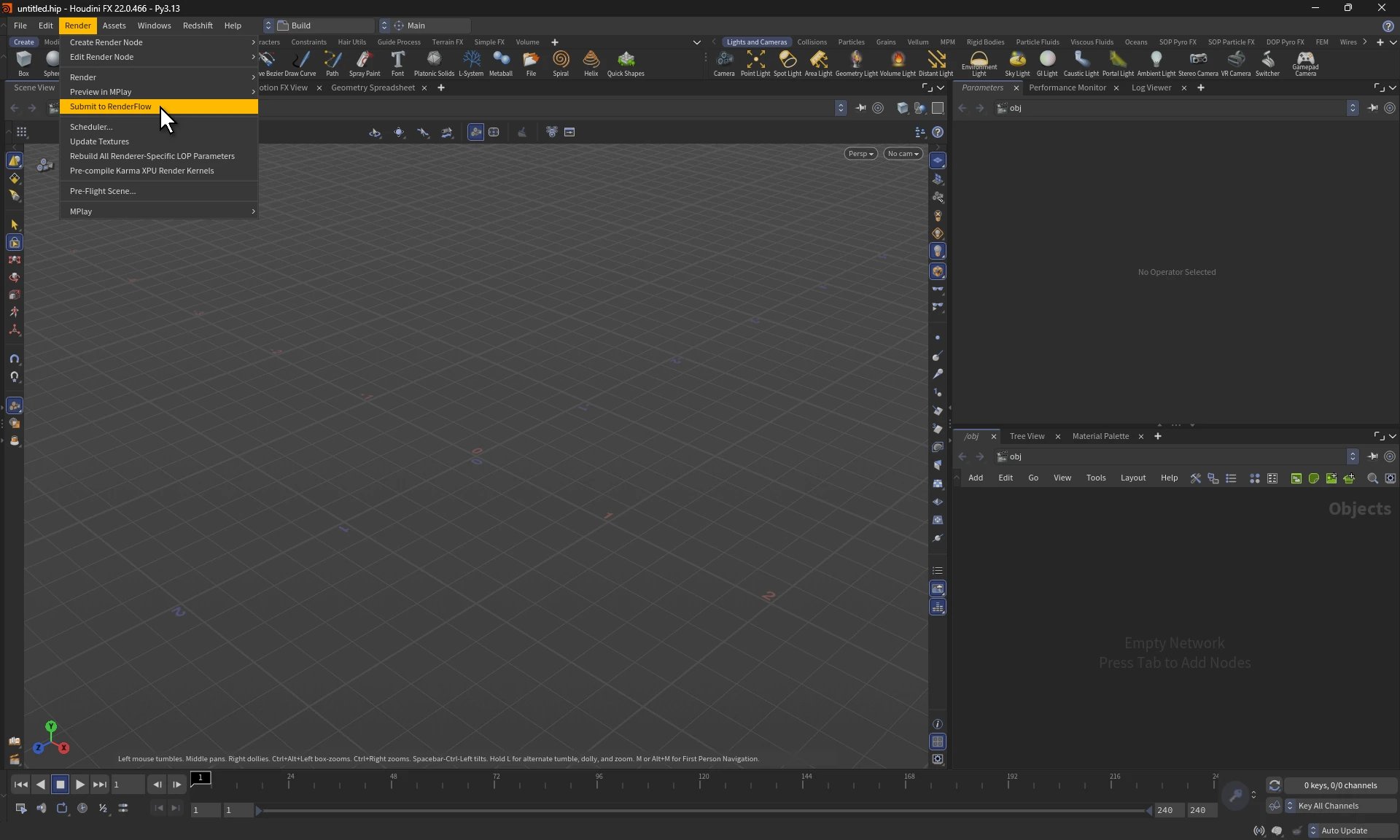 Houdini with the Render menu open and Submit to RenderFlow highlighted
