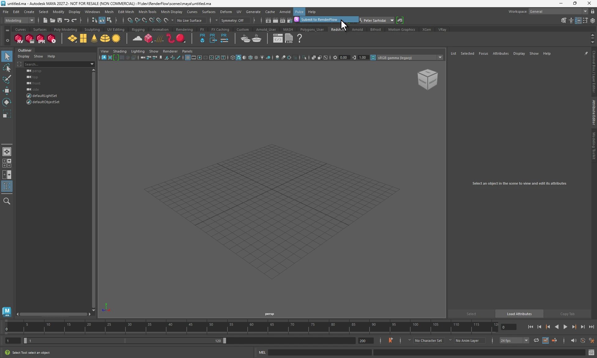 Maya with the Pulze menu open and Submit to RenderFlow highlighted