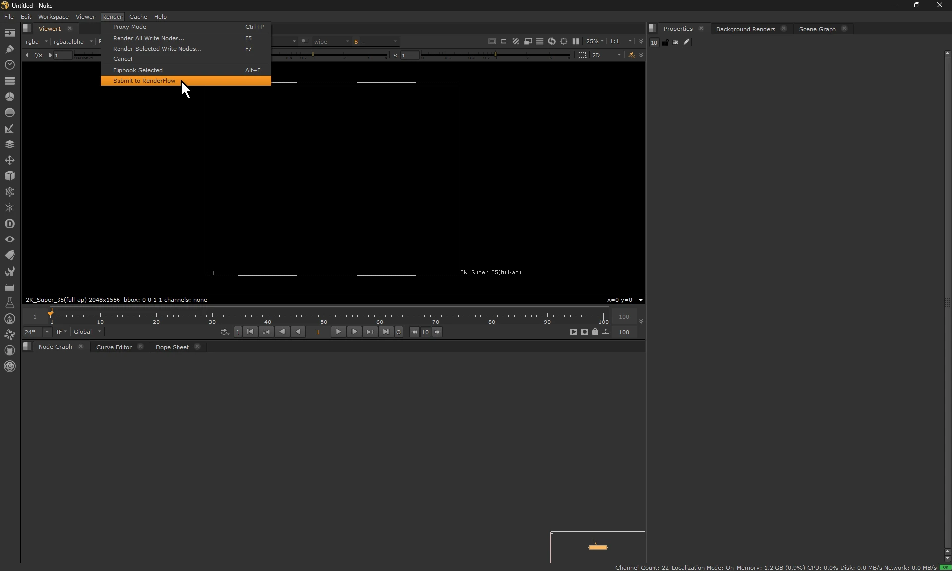 Nuke with the Render menu open and Submit to RenderFlow highlighted