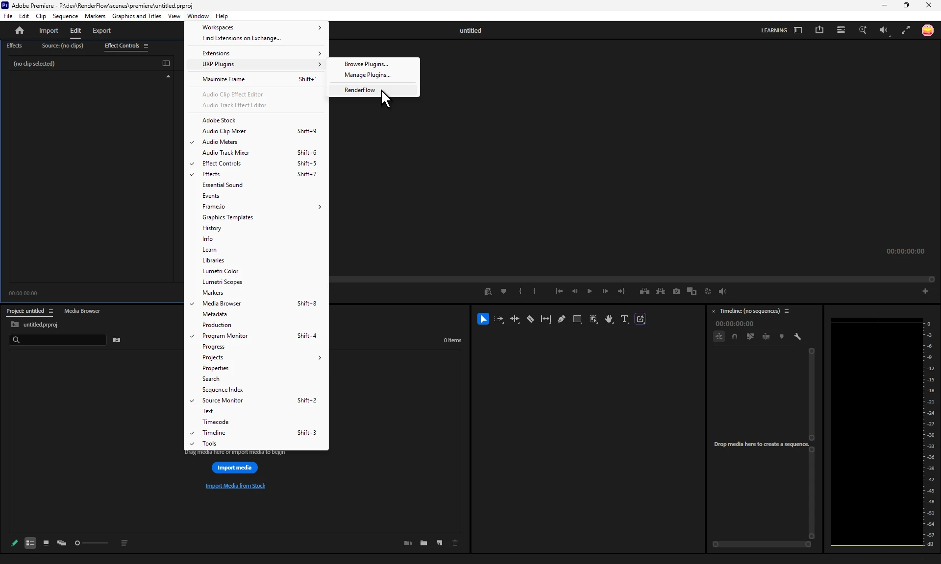 Premiere Pro with the Window menu and its UXP Plugins submenu open, RenderFlow under the cursor