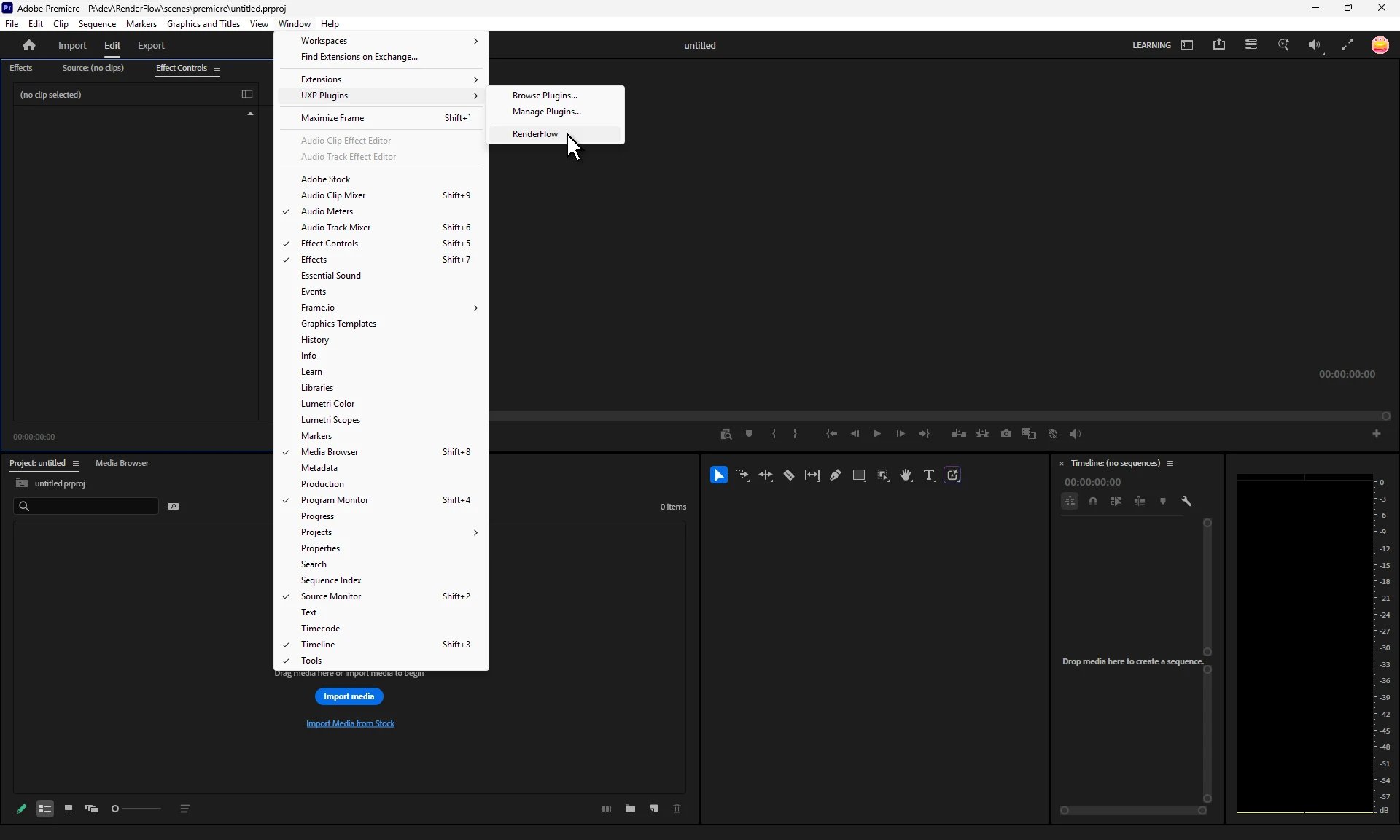 Premiere Pro with the Window menu and its UXP Plugins submenu open, RenderFlow under the cursor