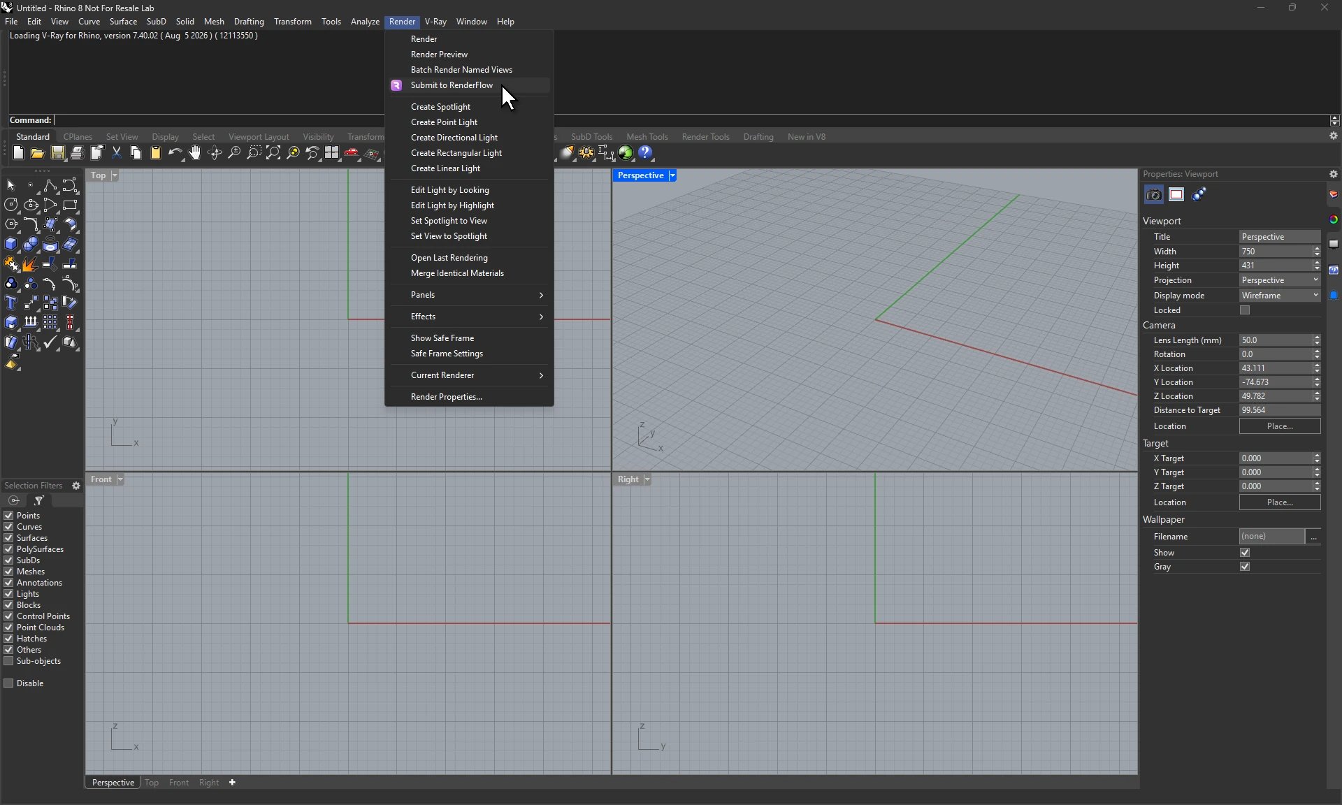 Rhino with the Render menu open and Submit to RenderFlow highlighted